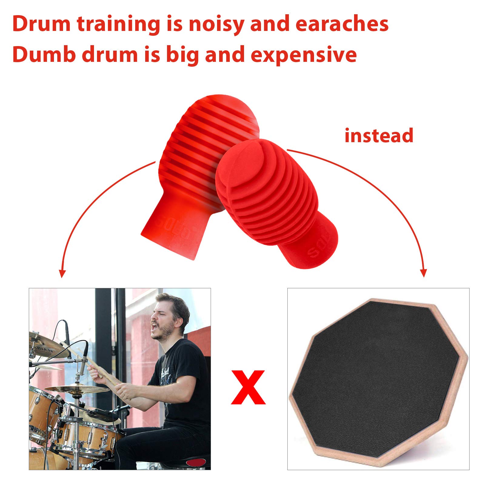 4-Piece Silicone Drum Mute Dampener Set - Silent Practice Drumstick Tips for Noise Reduction - Percussion Accessories Replacement (Red, Grid) - Perfect for Home Practice, Apartment Drumming & Quiet Rehearsals