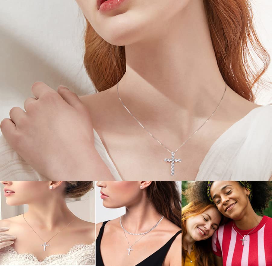 3 Carat Certified D-F Color VVS1 Clarity Diamond Moissanite Cross Necklace - 18K White Gold Plated 925 Sterling Silver Pendant for Men & Women | Valentine's Day, Anniversary & Wedding Gift Idea | Perfect for Church, Formal Events & Everyday Wear