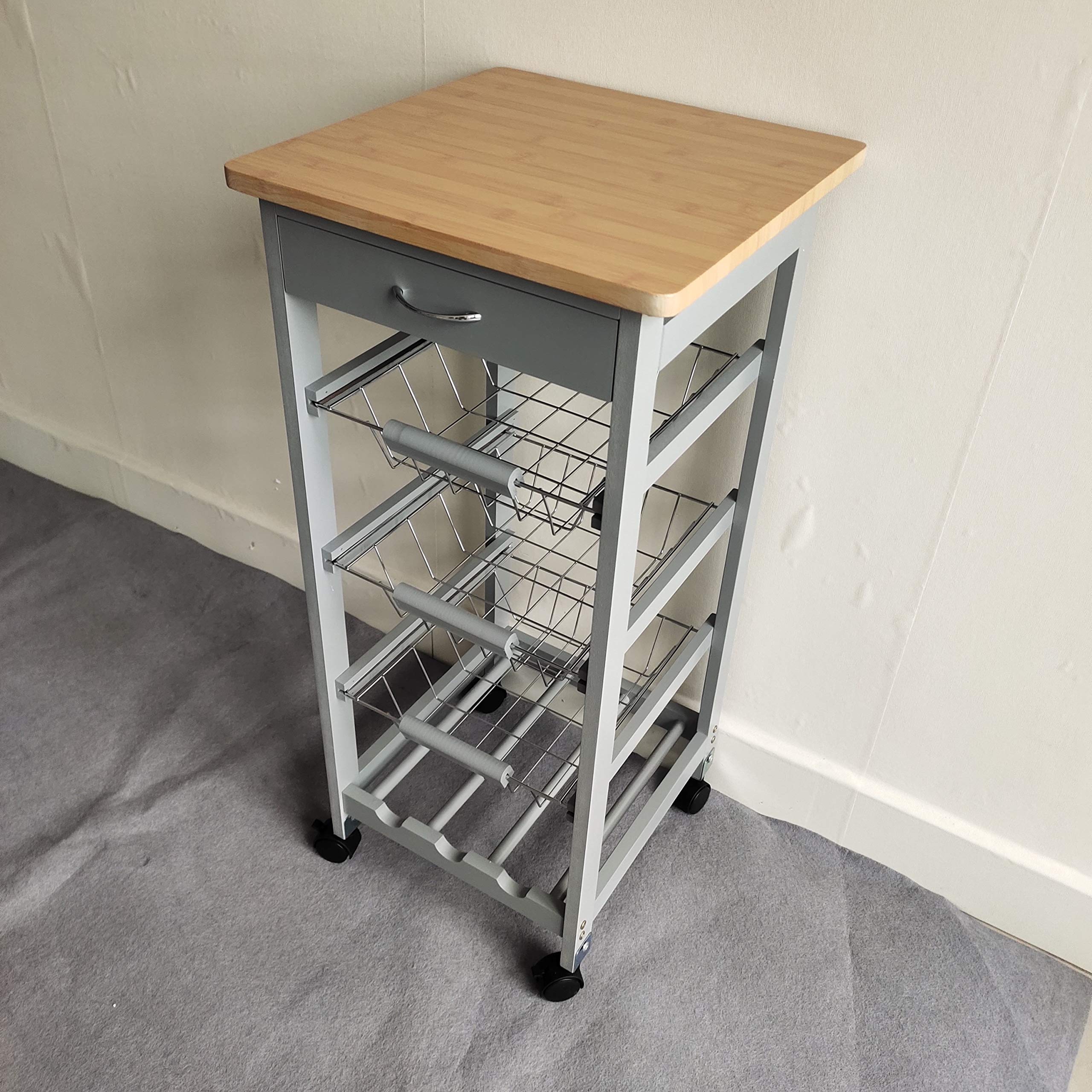 3-Tier White Wooden Kitchen Utility Cart with Wheels - Rolling Storage Organizer with 3 Baskets & Wine Rack - Mobile Storage Solution for Dining Room, Pantry or Living Room - Natural & Grey Finish