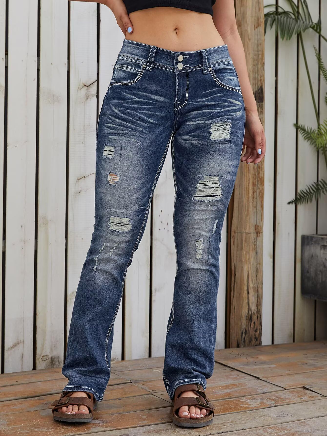 Flamingals Women's Distressed Bootcut Jeans - Low Rise Ripped Flare Denim Pants for Casual Wear & Street Style | Vintage Inspired Jeans for Everyday Outfits