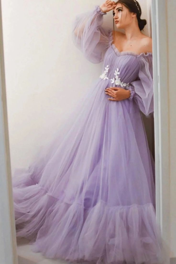 Lilac A-Line Tulle Long Prom Dress Off-The-Shoulder Formal Evening Gown 2369 | Elegant Ball Gown for Homecoming, Wedding Guest, Quinceañera & Special Occasions
