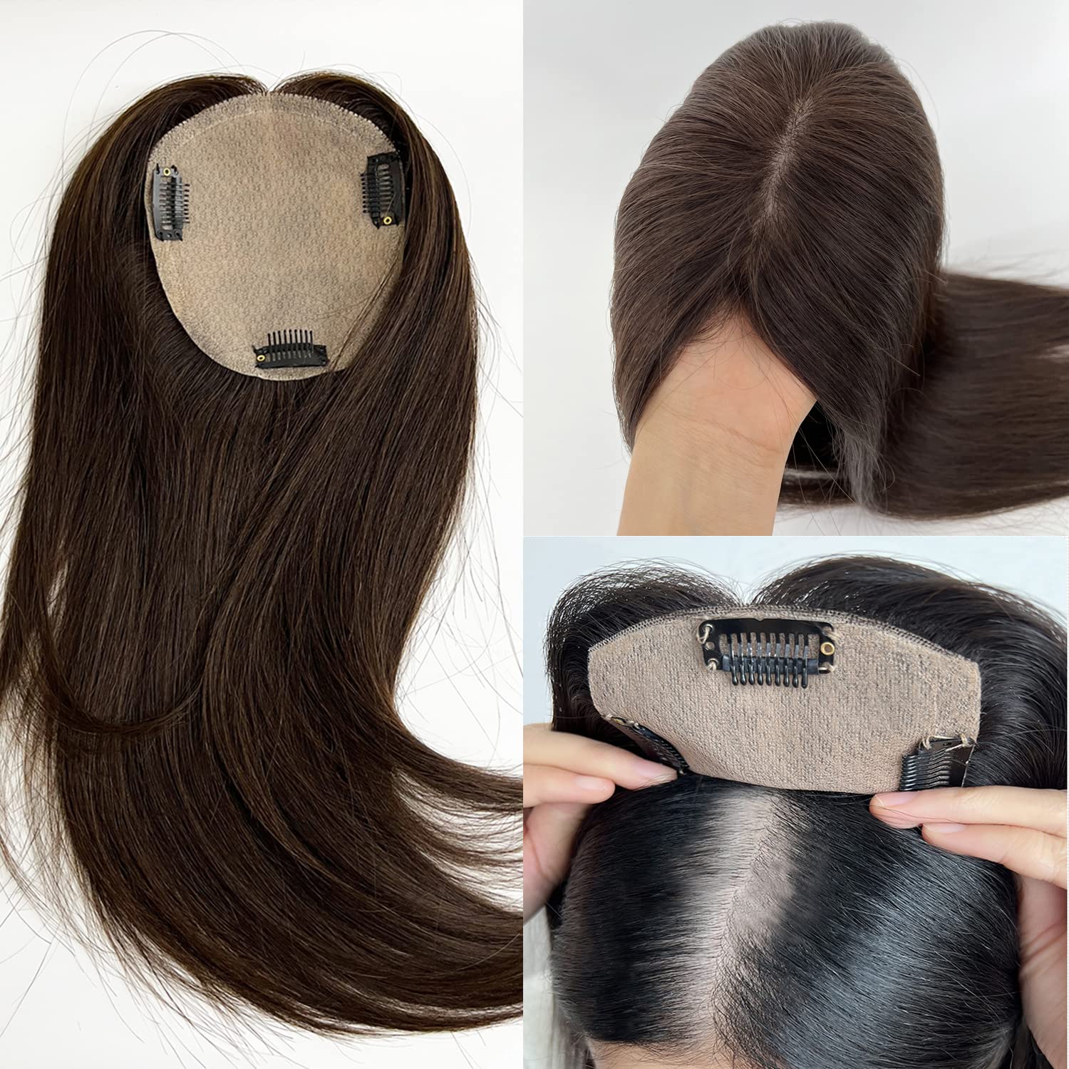 100% Real Human Hair Toppers for Women - Handmade Full Silk Base Clip-In Hair Piece for Thinning Hair & Gray Coverage - 14 Inch Dark Brown | Perfect for Daily Wear, Special Occasions & Hair Loss Solutions