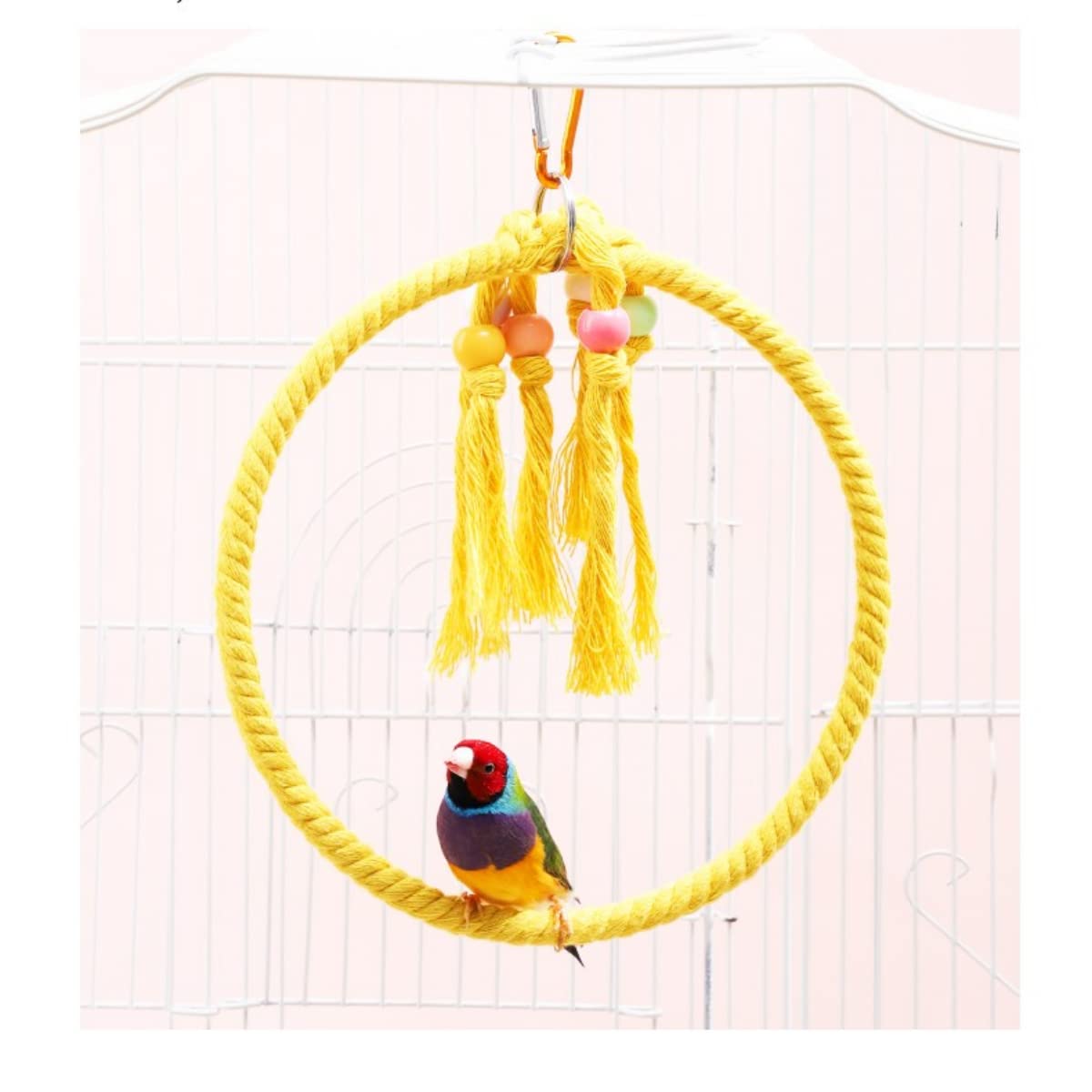 Large Yellow Metal Cotton Rope Swing Perch - Chewable Parrot Cage Toy for Budgies, Cockatiels, Conures & Cockatoos | Bird Ladder Swing with Hanging Hook - Perfect for Playtime & Exercise in Aviaries