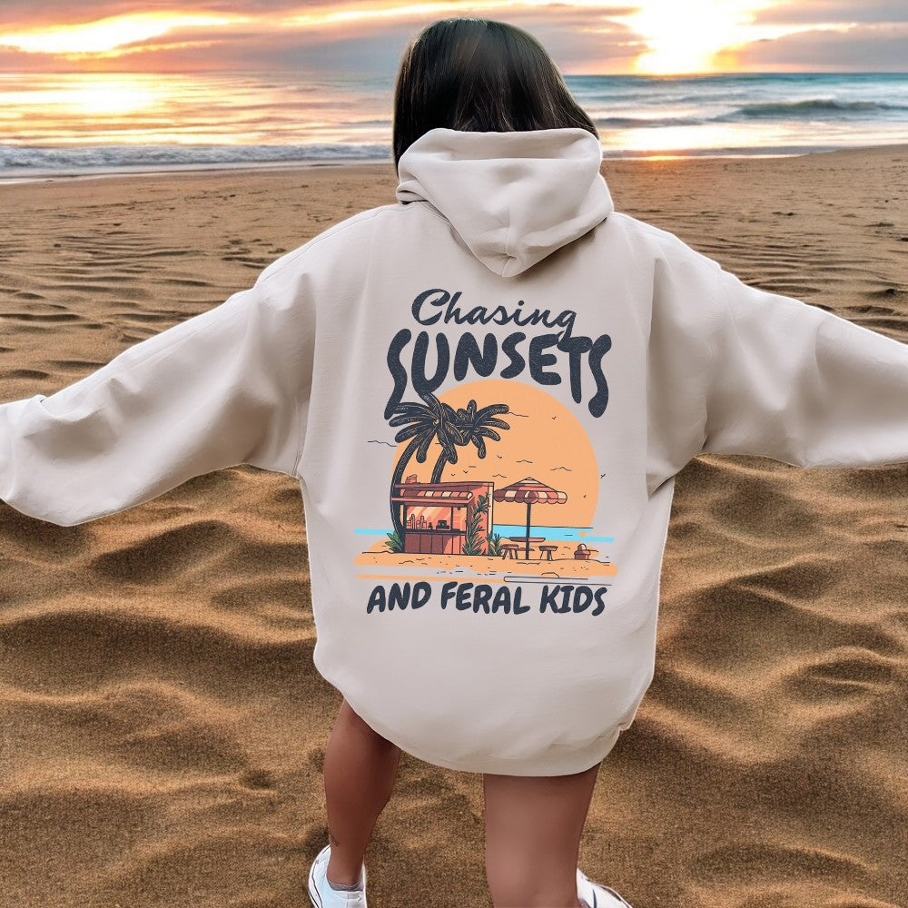 Chasing Sunsets & Feral Kids Pullover Hoodie - Cozy Fleece Sweatshirt for Outdoor Adventures, Streetwear Fashion, and Casual Everyday Wear