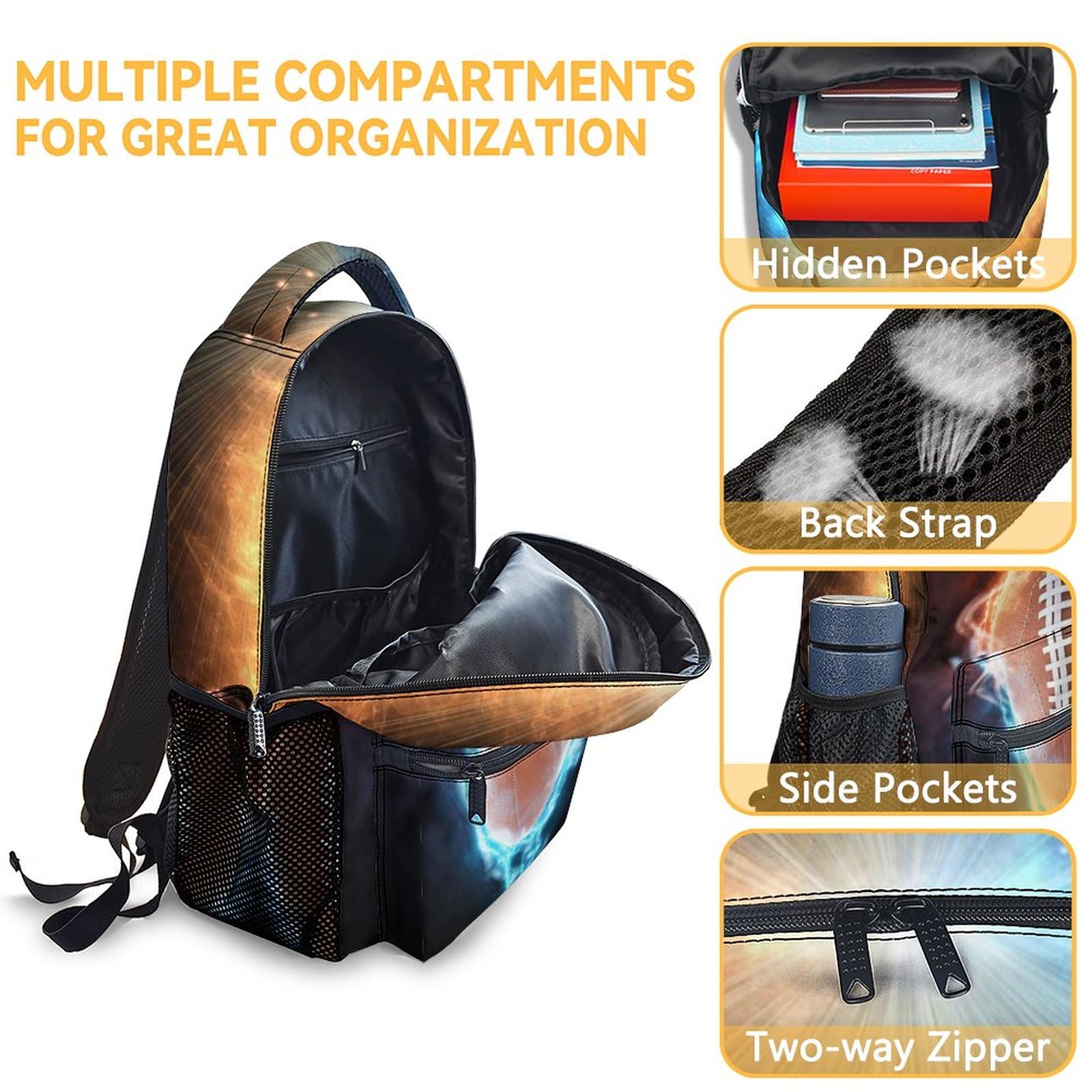 16 Inch Football School Backpack for Boys - Lightweight Brown Bookbag for Kids | Durable Travel Backpack for School, Sports & Outdoor Adventures