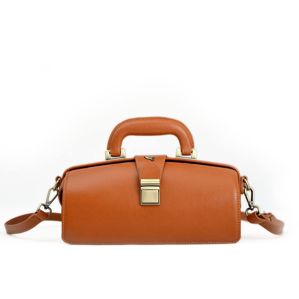 Genuine Leather Handbag for Women - Premium Cowhide Doctor Bag with Shoulder Strap & Buckle Closure - Stylish Brown Shoulder Bag for Work, Travel & Everyday Use
