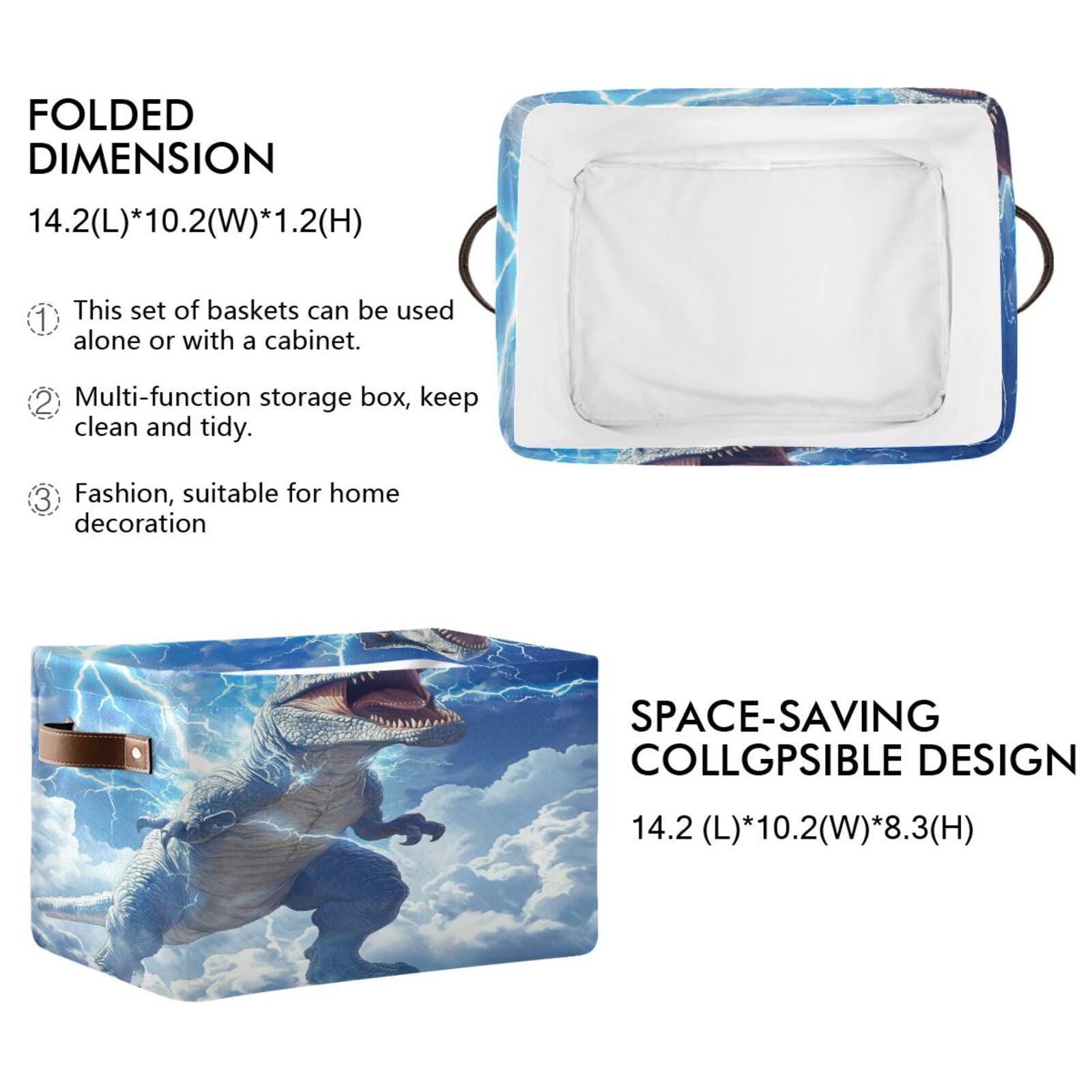 Large Fabric Storage Bins with Handles - Collapsible Closet Organizer for Clothes, Toys & Home Decor (Blue Dinosaur)