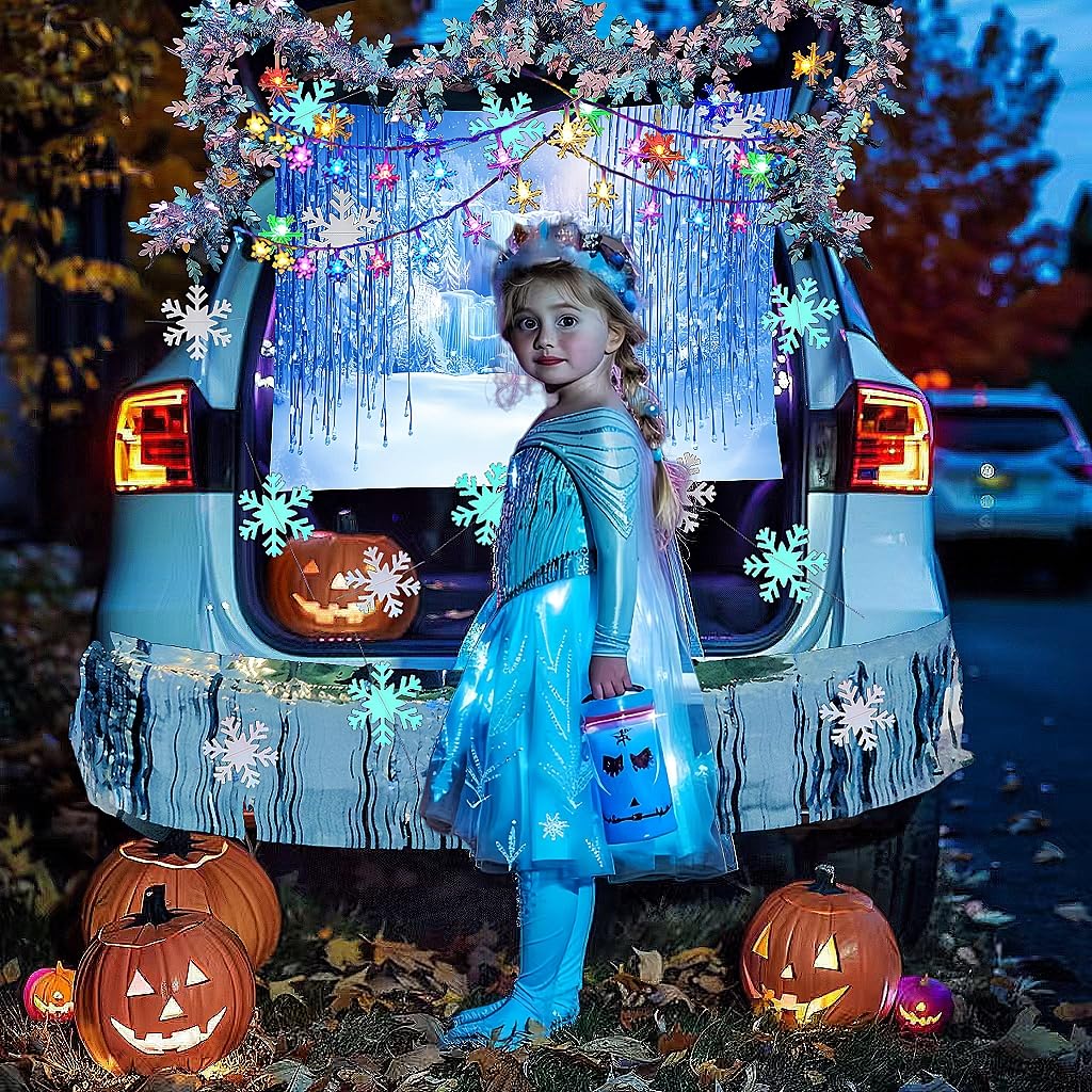 Halloween Trunk or Treat Car Decorations Kit with LED Lights - Ice & Snow Themed SUV/Truck Stickers (Blue & White) for Spooky Seasonal Parties & Neighborhood Trick-or-Treat Events