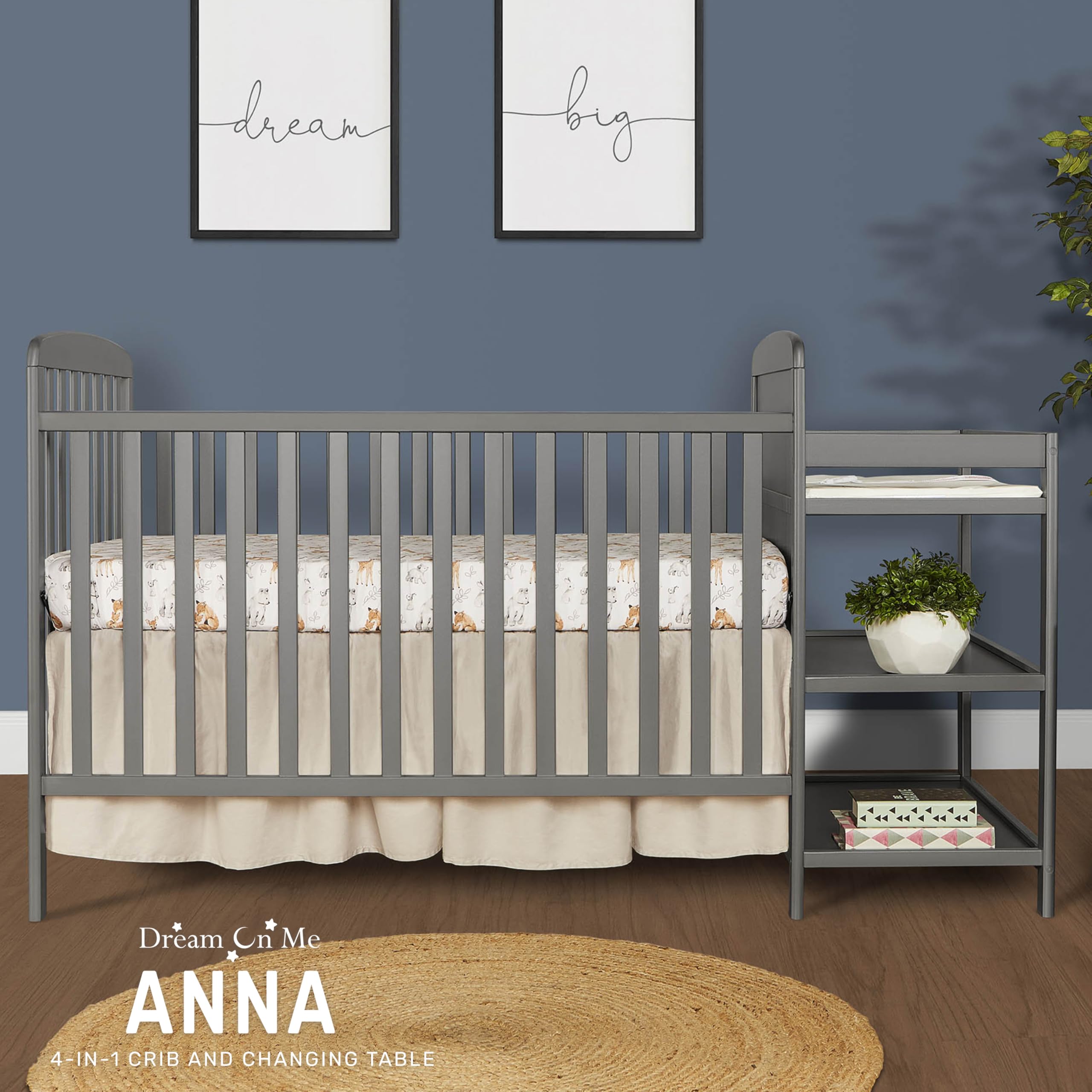 Dream On Me Anna 3-in-1 Convertible Crib with Changing Table - Steel Grey Nursery Furniture Set | GREENGUARD Gold Certified, Non-Toxic Finishes | Includes 1