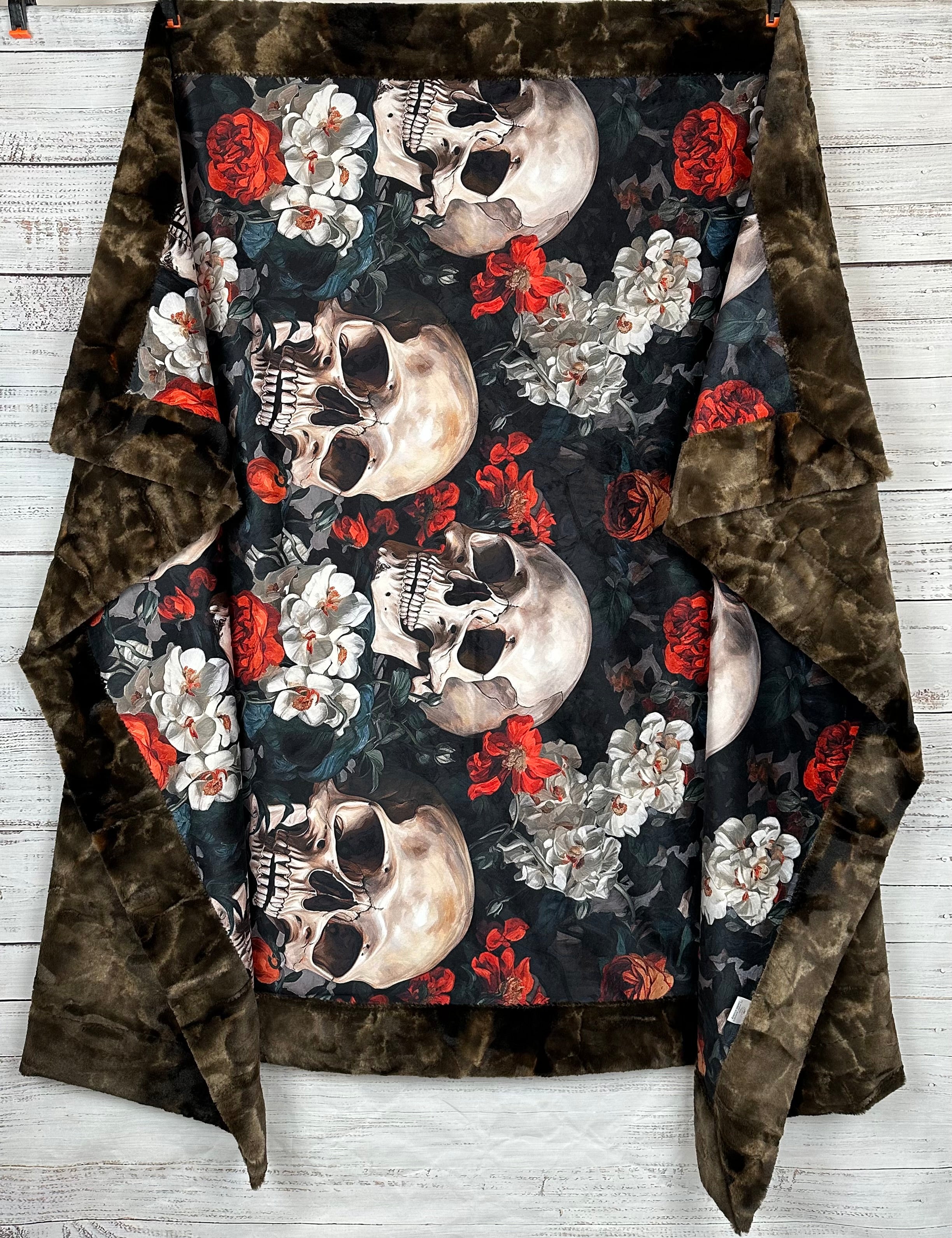 Blooming Skull Garden Design Brown Luxe Large 55x79 Inch Minky Blanket - Soft Cozy Throw for Bed, Couch & Home Decor