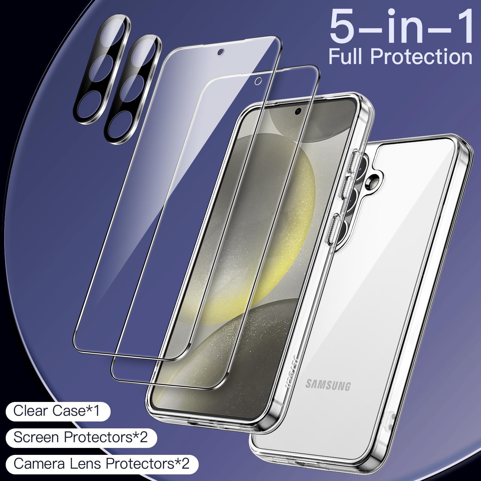 JETech 5-in-1 Protective Case for Samsung Galaxy S24+ 5G - Clear Shockproof Bumper Cover with 2-Pack Tempered Glass Screen Protector & Camera Lens Protector | Non-Yellowing, Durable Protection for Work, Travel & Outdoor Activities