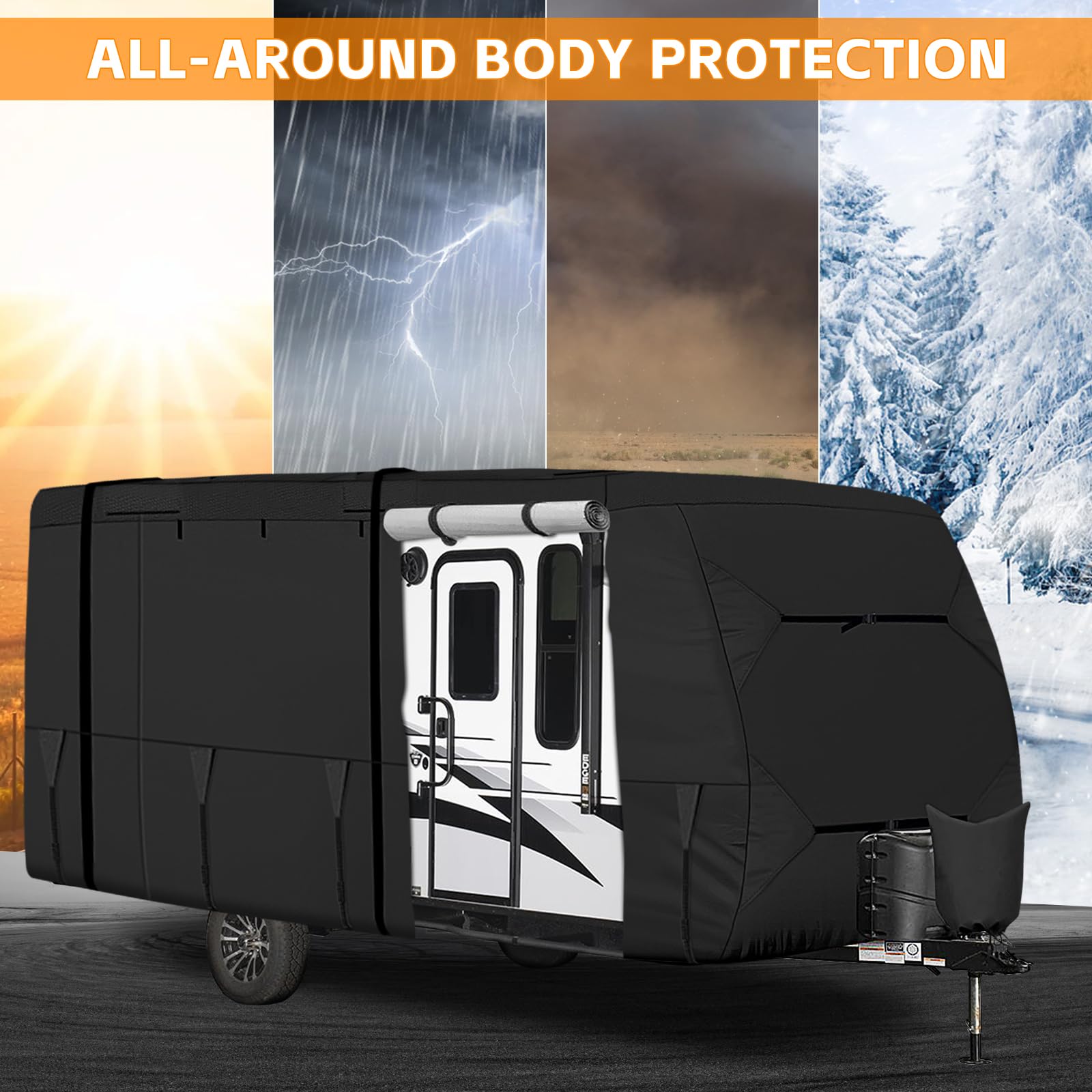 Upgraded Heavy Duty Waterproof RV Cover for 16-18 ft Travel Trailers - Oxford Cloth Camper Cover with 8 Straps & Tongue Jack Protection - UV Resistant Outdoor Storage Solution for Camping, Road Trips & Winter Protection
