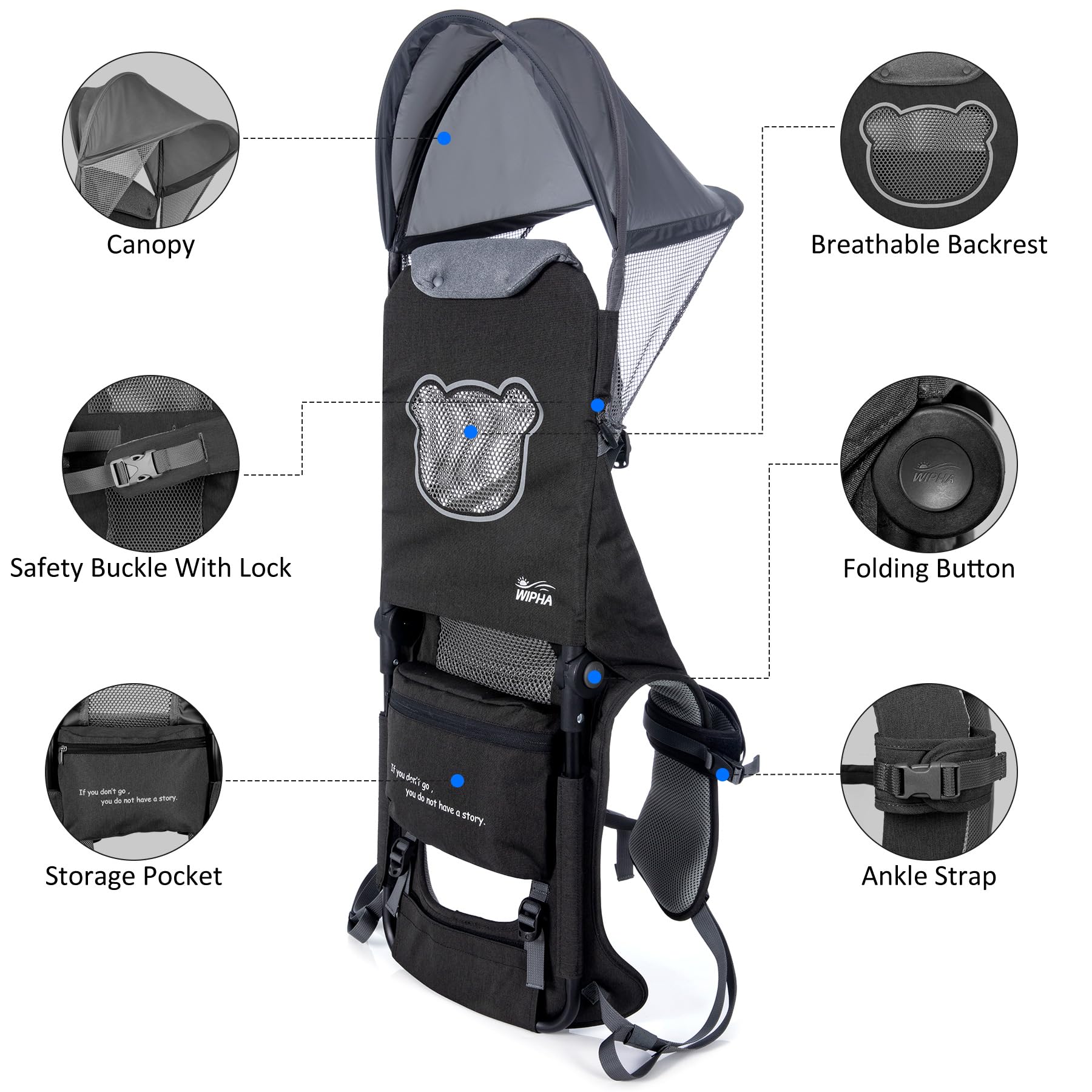 WIPHA Lightweight Hiking Backpack Carrier for Toddlers 6 Months to 4 Years - Adjustable Shoulder Carrier with Sun Shade & Comfortable Saddle - Perfect for Outdoor Adventures, Traveling, and Babywearing on Trails