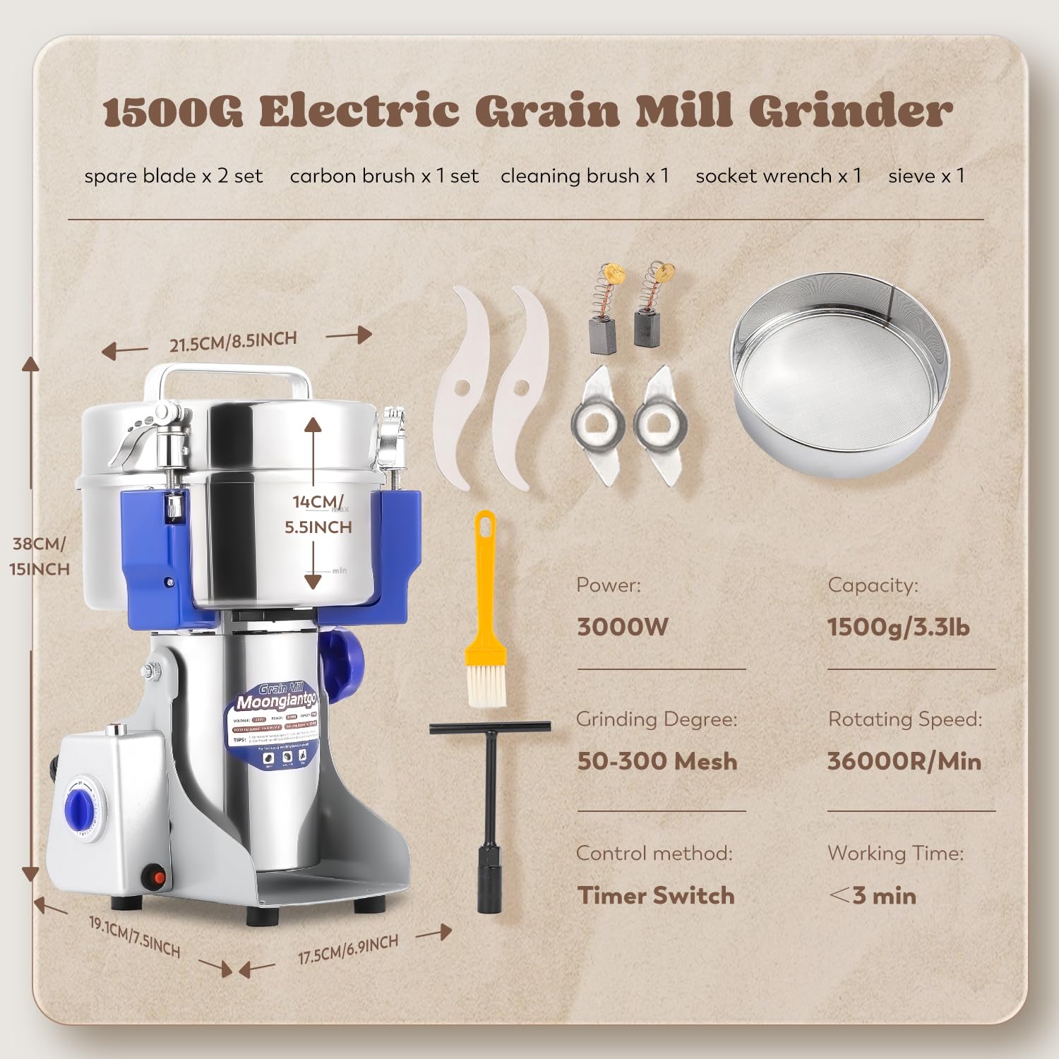 Moongiantgo 1500g Commercial Grain Grinder Mill - 3000W High-Speed Electric Spice Grinder, Stainless Steel Pulverizer for Cereals, Grains, Spices, Herbs - Perfect for Home Kitchens, Bakeries & Coffee Shops