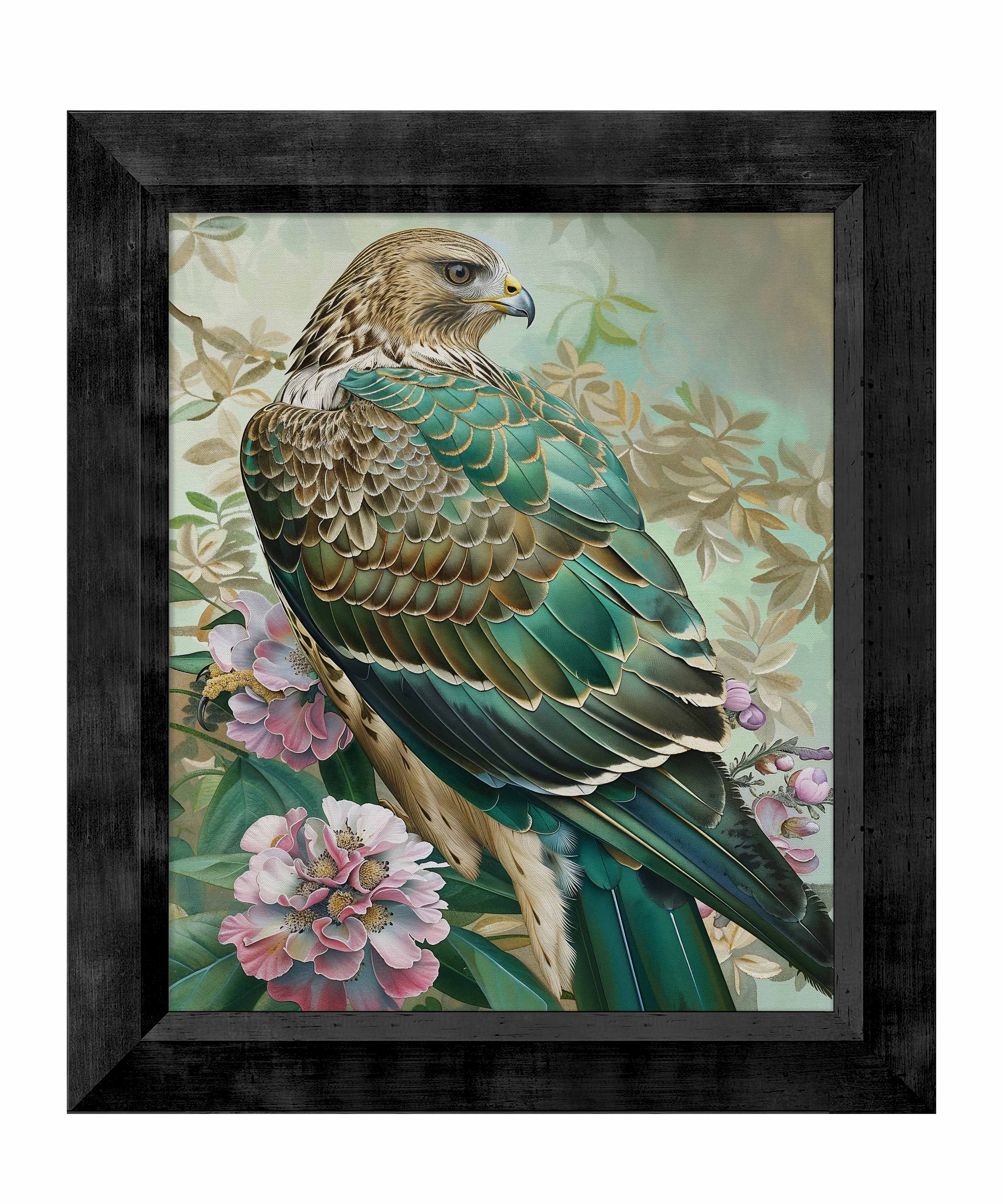 Emerald Majesty Hawk Amidst Blossoms Limited Edition Canvas Wall Art - Nature Inspired Home Decor for Living Room, Bedroom & Office