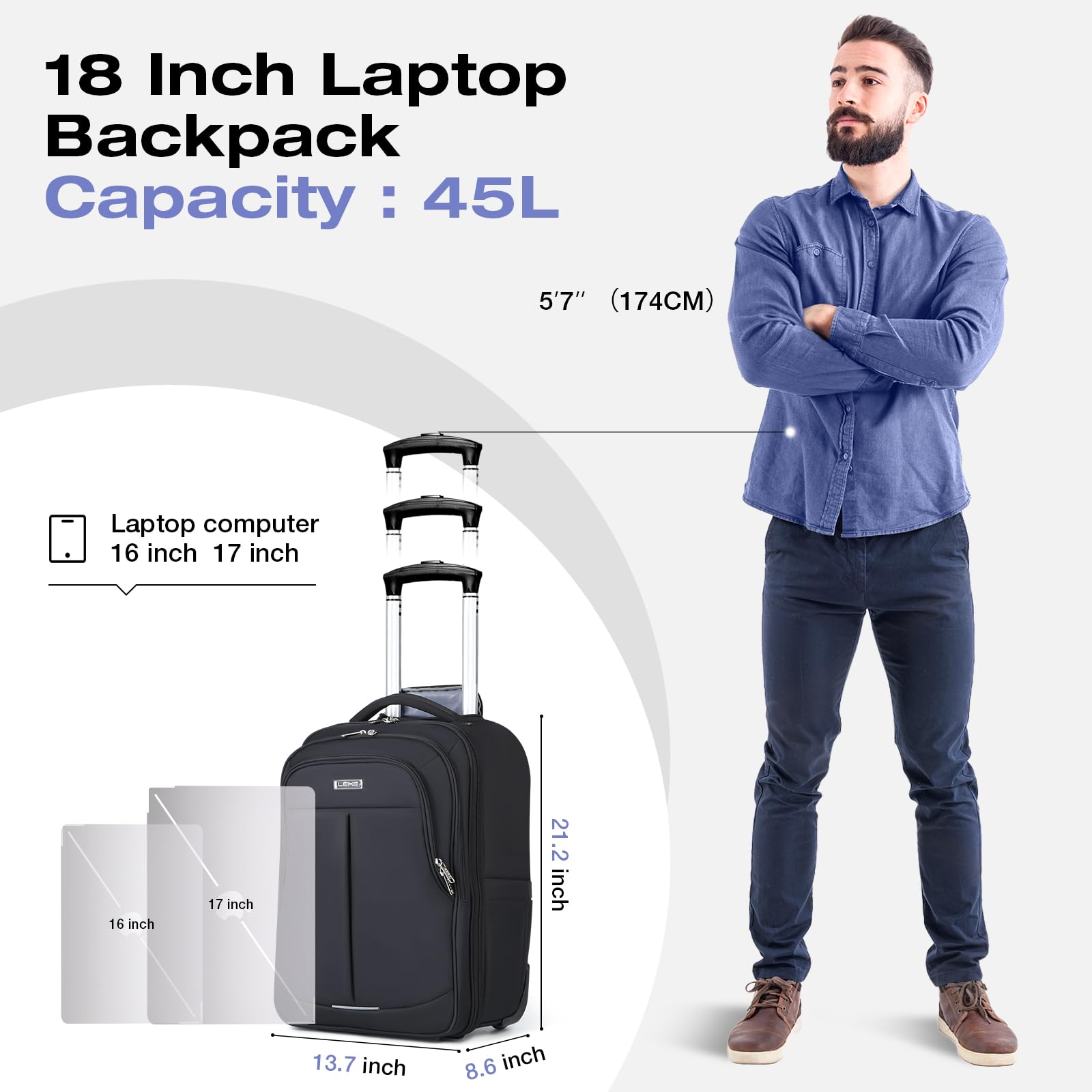 18 Inch Waterproof Rolling Backpack with Wheels for Adults - Large Black Wheeled Carry-on Luggage for Travel, Work & School - Trolley Laptop Backpack for Men & Women (Ideal for Airports, Commuting & Business Trips)