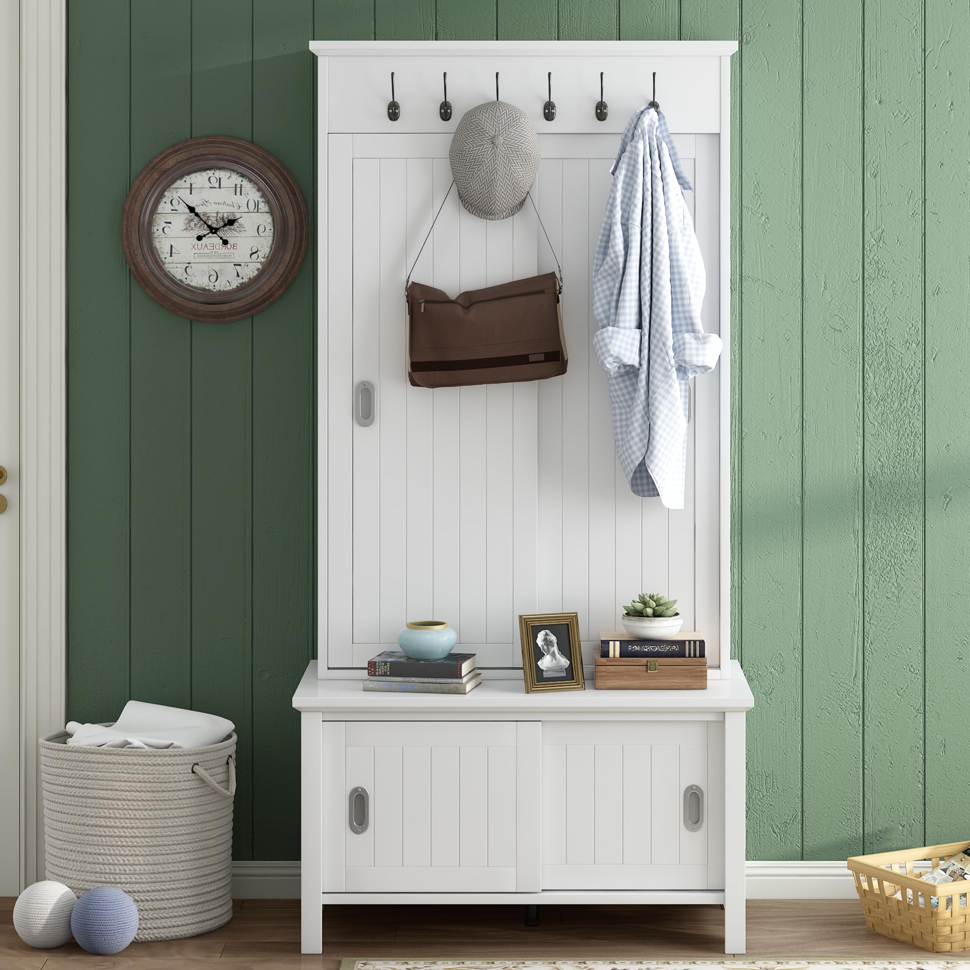 Merax Hall Tree with Storage Bench & Shelves - Multi-Functional Entryway Organizer with Shoe Cabinet & Coat Hooks - White - Perfect for Small Spaces, Mudrooms & Apartment Entryways