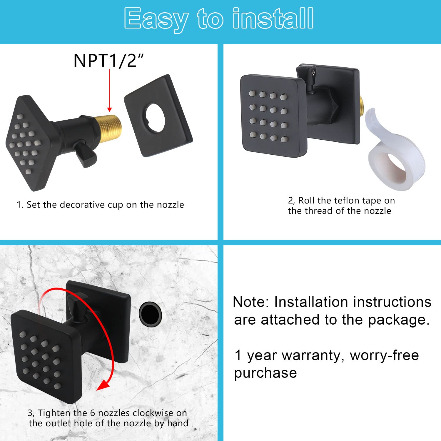 Premium Matte Black Solid Brass Shower Body Spray with On/Off Switch - Adjustable Square Massage Jets, Wall Mounted, 1/2