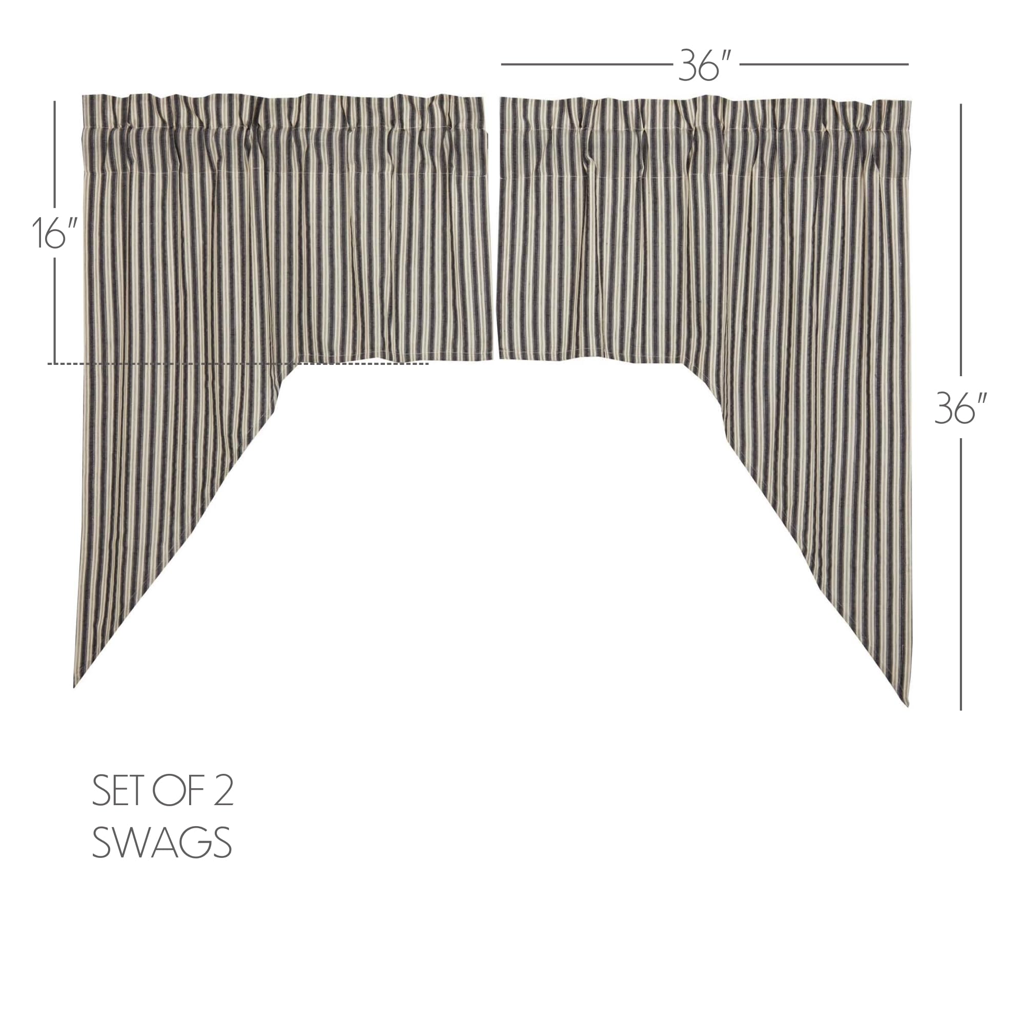 VHC Brands Ashmont Grey Ticking Stripe Farmhouse Swag Curtain Set 36x36x16 - Rustic Window Treatment for Living Room, Bedroom & Kitchen Decor