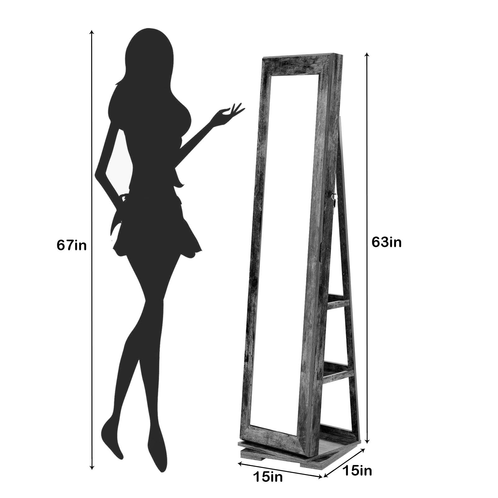SOGES 360° Swivel Jewelry Mirror Cabinet with Back Storage Shelves - Full Length Rotating Mirror with Lockable Jewelry Organizer & Armoire - Brown | Perfect for Bedroom, Dressing Room & Closet Organization