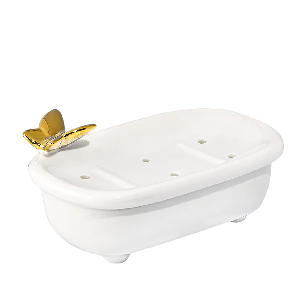 Sungmor Decorative Ceramic Soap Dish with Drainage Holes - Elegant Butterfly Design Bathroom Soap Holder for Shower, Vanity & Kitchen Sink - Double Layer Soap Tray for Countertop Organization & Home Decor