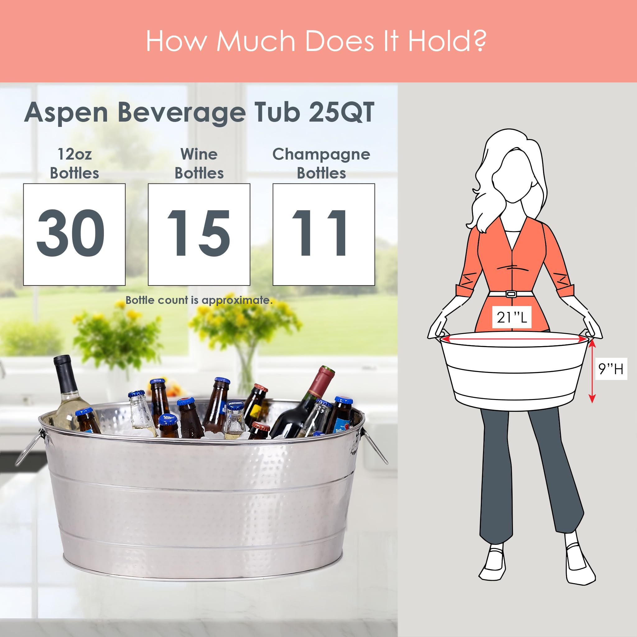 BREKX 25-Quart Aspen Hammered Stainless Steel Beverage Tub with Metal Stand - Premium Ice Bucket & Drink Cooler for Parties, Weddings, BBQs, and Outdoor Events