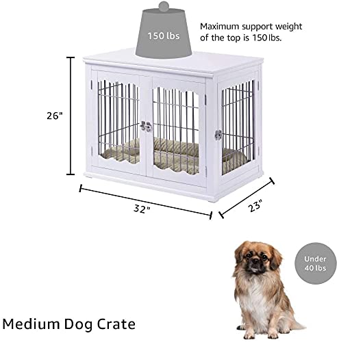 Unipaws White Wooden Dog Crate for Medium Dogs - Modern Furniture Style Indoor Pet Kennel with Wire Design, Decorative Puppy House & Multi-Functional End Table/Nightstand - Perfect for Living Room, Bedroom or Office Spaces