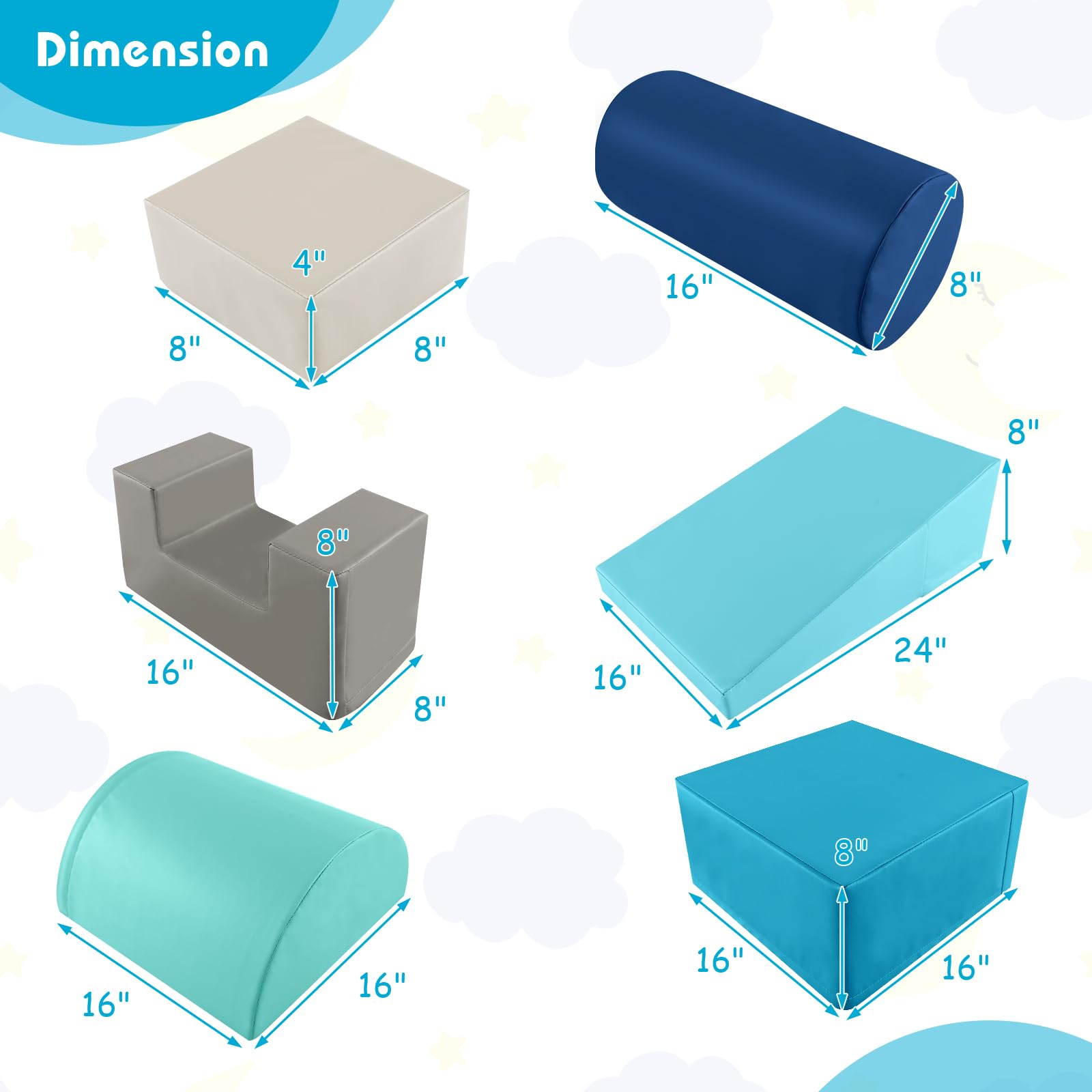 KOTEK 6-Piece Soft Foam Play Set for Toddlers - Climbing Blocks, Crawling Tunnels & Slide - Safe Indoor Playground Equipment for Babies & Kids (Blue & Grey) - Perfect for Playrooms, Daycares & Home Fun