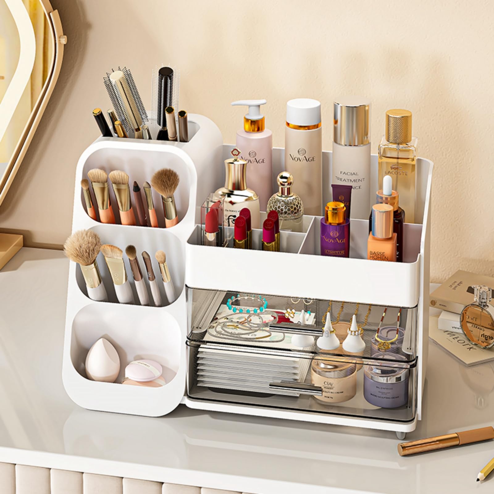Large Makeup Organizer with Drawers - Spacious Vanity & Bathroom Storage for Cosmetics, Skincare, Brushes, Eyeshadow, Lipstick - Perfect for Bedroom, Dorm & Travel (White)