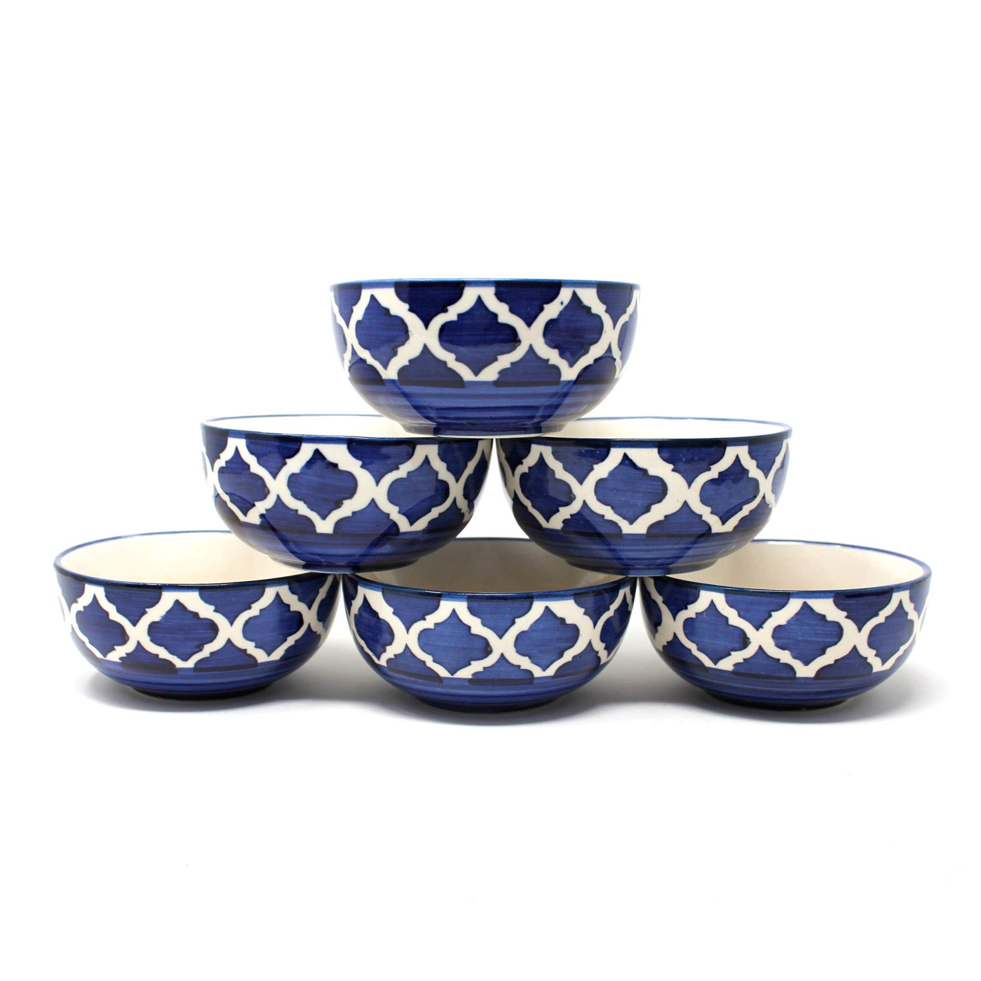 Moroccan Blue Ceramic Bowls Set of 6 - Handcrafted Vegetable, Cereal & Serving Bowls for Home Kitchen & Dining Table - Perfect for Salads, Snacks, Soup & Indian Dal - Eco-Friendly Dinnerware