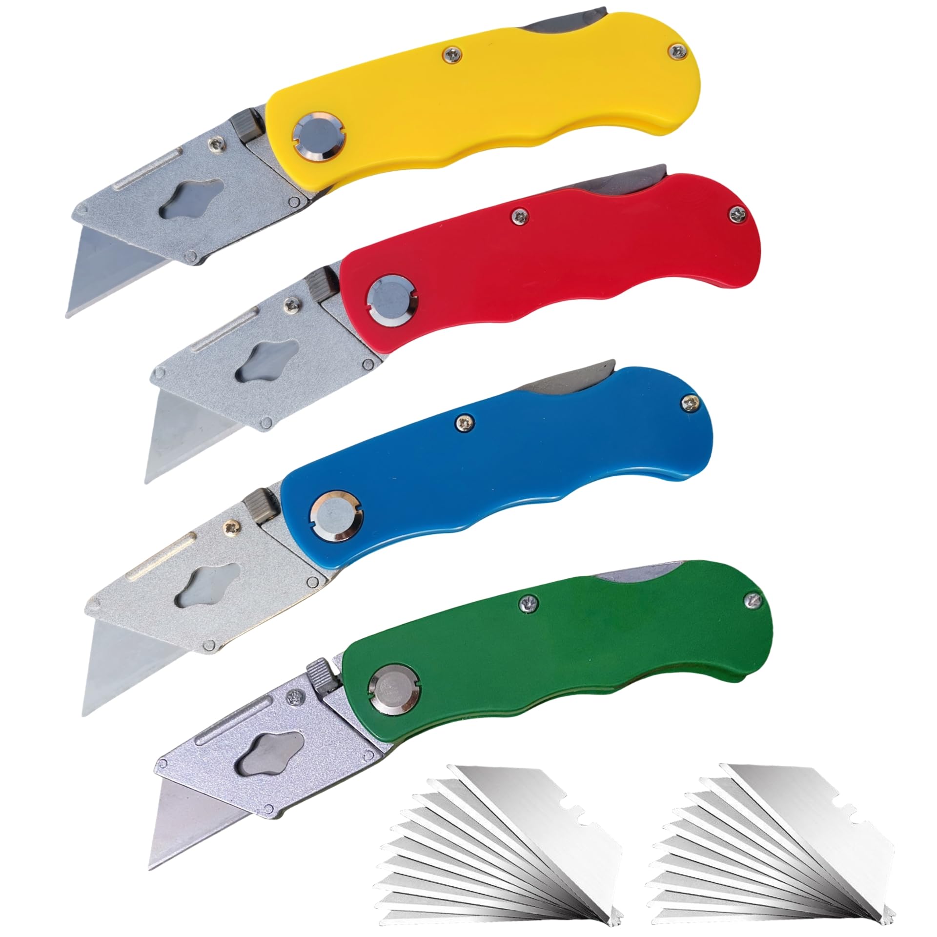 4 Pack Folding Utility Knife with 20 Extra Blades - Heavy Duty Box Cutter for Cardboard, Cartons & Packages | Compact Clip Design for Easy Storage | Perfect for Warehouse, Shipping & Home Use