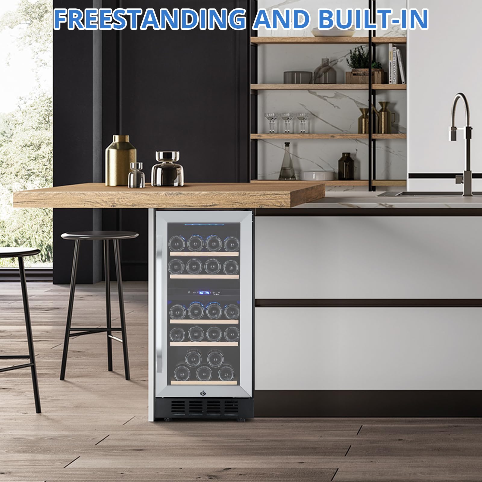 28 Bottle Dual Zone Wine Cooler Refrigerator - Compressor Cooling System, 41°F to 64°F Digital LED Touch Control, Frost-Free Lockable Cabinet with Single Glass Door - Freestanding or Built-In Design for Home, Bar, Restaurant & Wine Cellar Storage