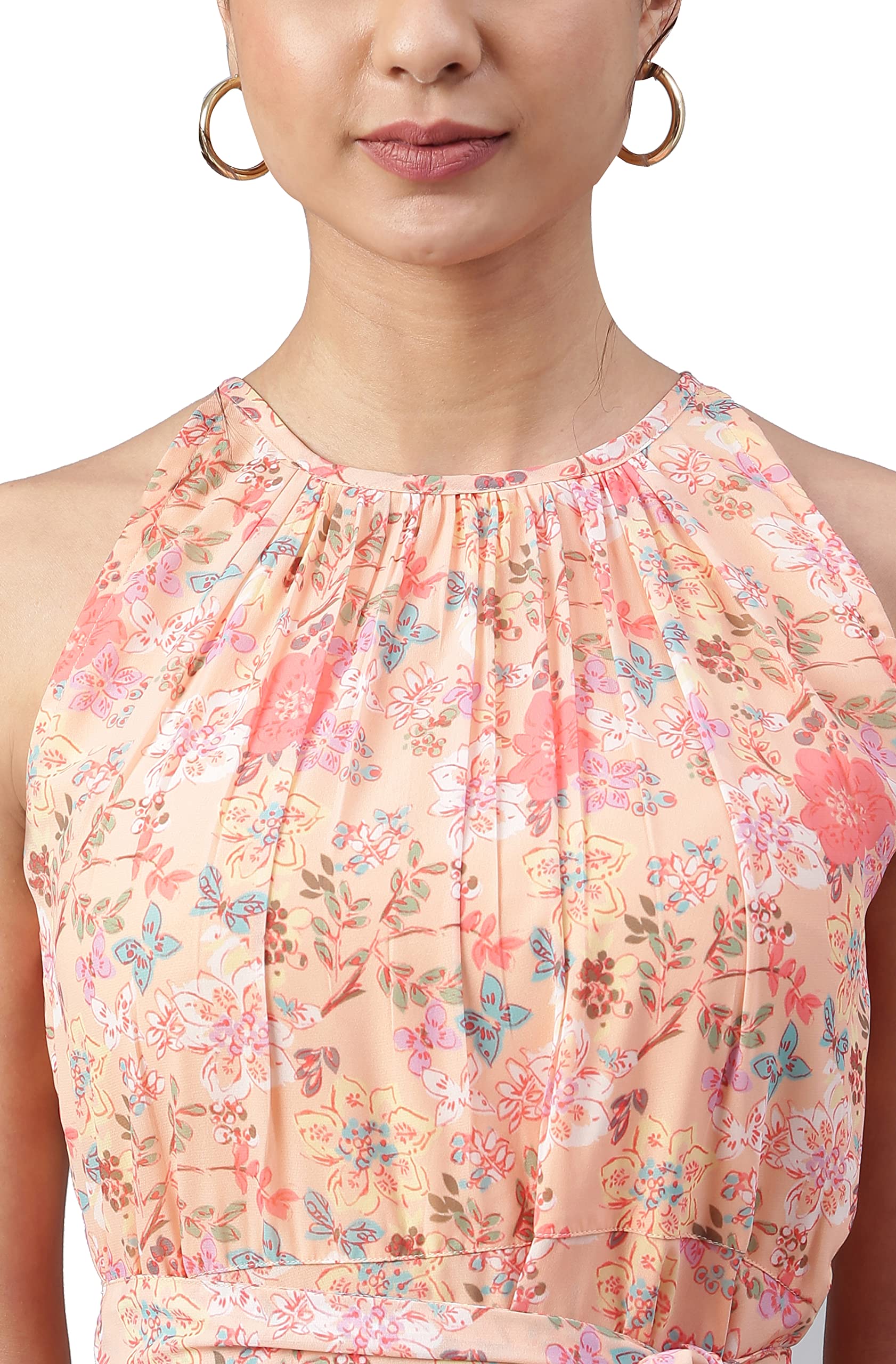 Janasya Indian Women's Peach Georgette Floral Print A-line Western Dress - Elegant Party Wear for Weddings, Festivals & Special Occasions
