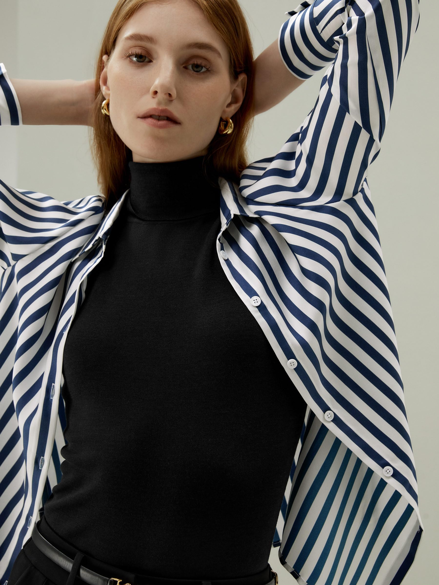LilySilk Women's 100% Pure Silk Blouse - V-Neck Long Sleeve Blue & White Pinstripe Shirt for Work, Office, and Casual Wear | All-Season Comfort & Elegance | Perfect for Business Meetings, Date Nights, and Professional Outfits