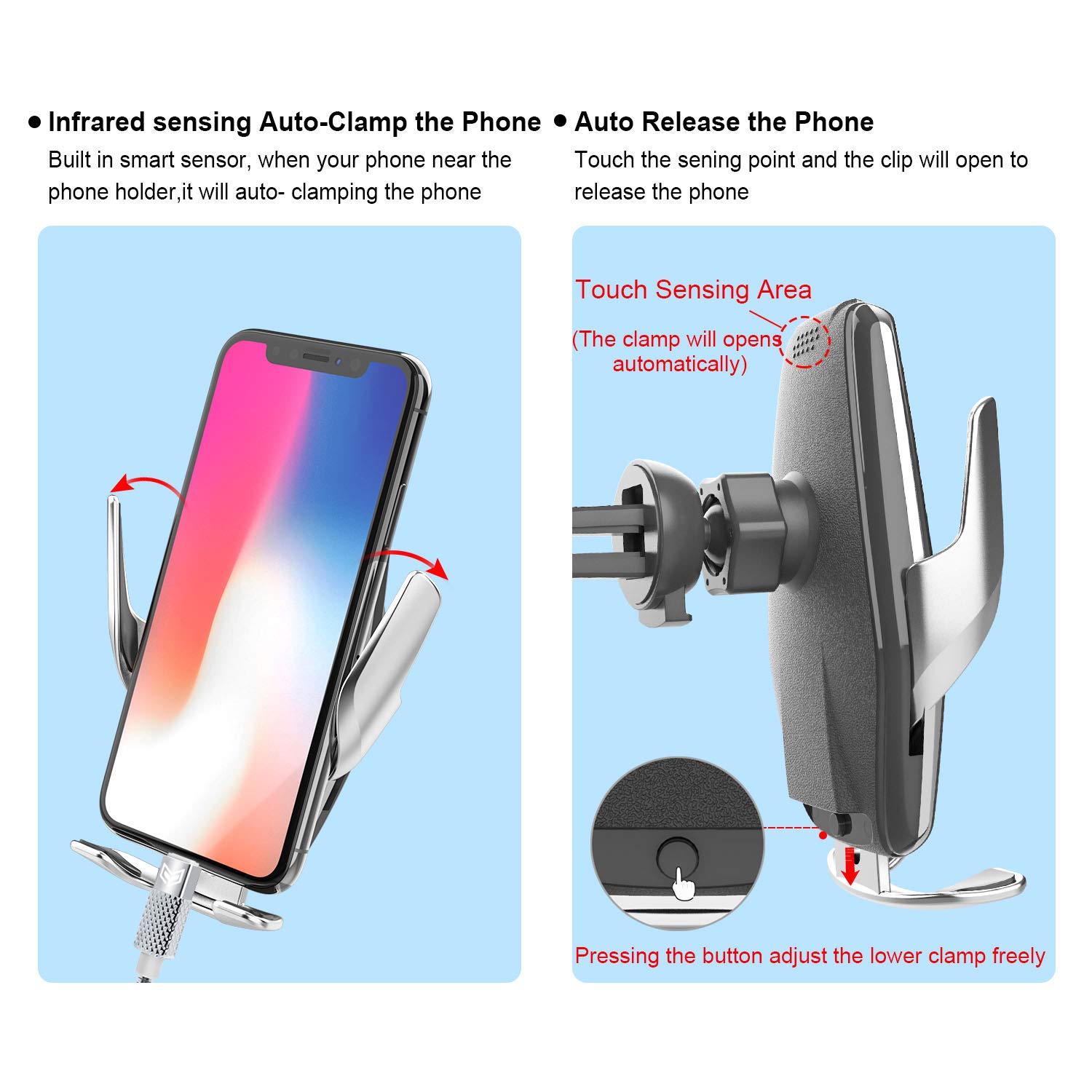 2-in-1 Auto-Clamping Wireless Car Charger Mount - 15W/10W/7.5W Qi Fast Charging Air Vent & Dashboard Phone Holder for iPhone 8/8P/X & Samsung Galaxy S9+/S8+/S7 - Perfect for Commuting, Road Trips & Hands-Free Driving
