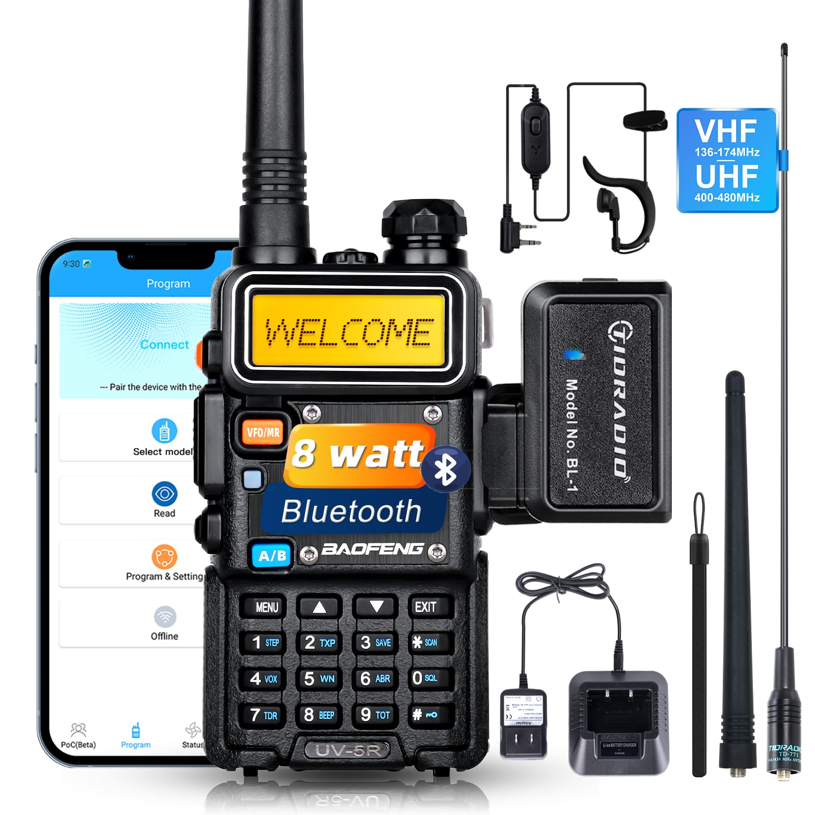 Upgraded BaoFeng UV-5R 8Watt Ham Radio Handheld - Dual Band Walkie Talkie with 771 Long Antenna & Wireless Programmer - Emergency Survival Gear Kit for Outdoor Adventures, Hiking, and Disaster Preparedness