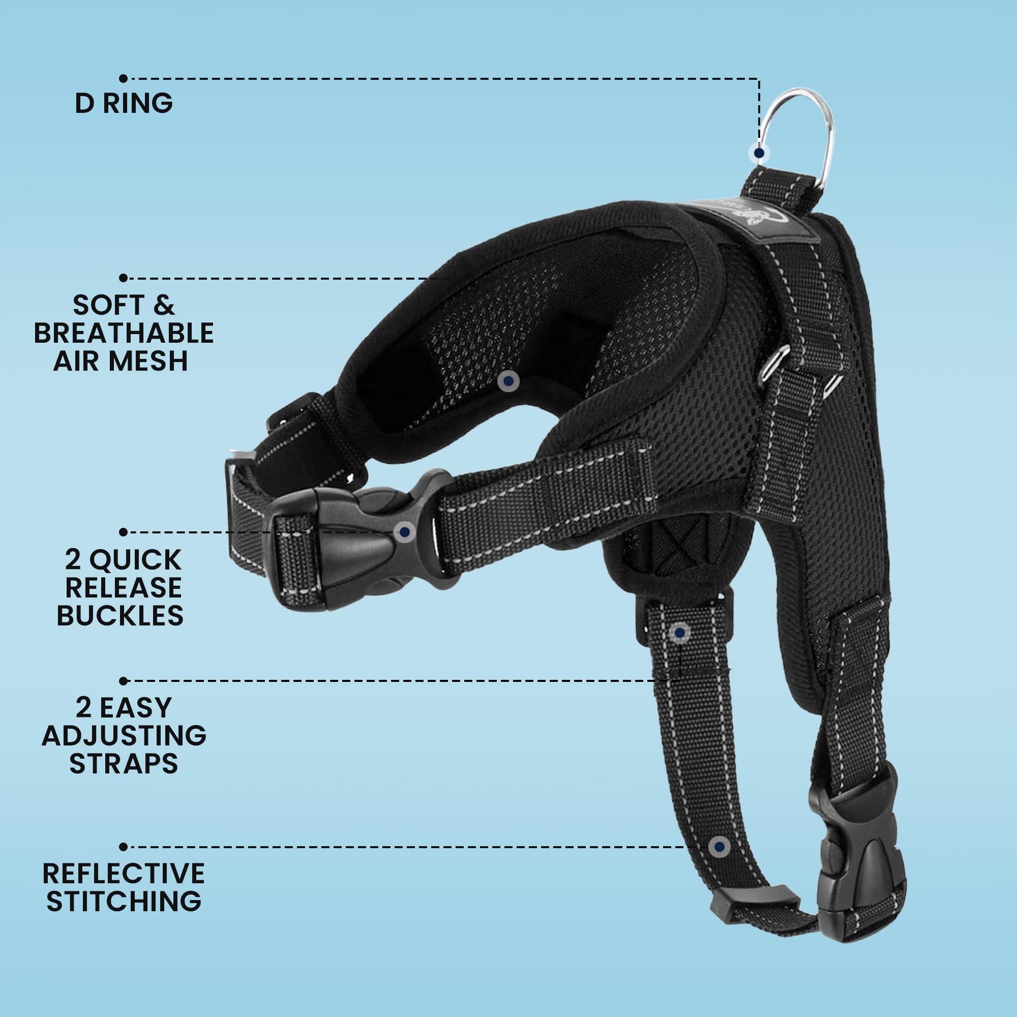 No Pull Reflective Adjustable Dog Harness with Handle - Soft Breathable Mesh for Small Medium Large Dogs - All Weather Comfort for Walking Running Hiking (Black, XX-Small)