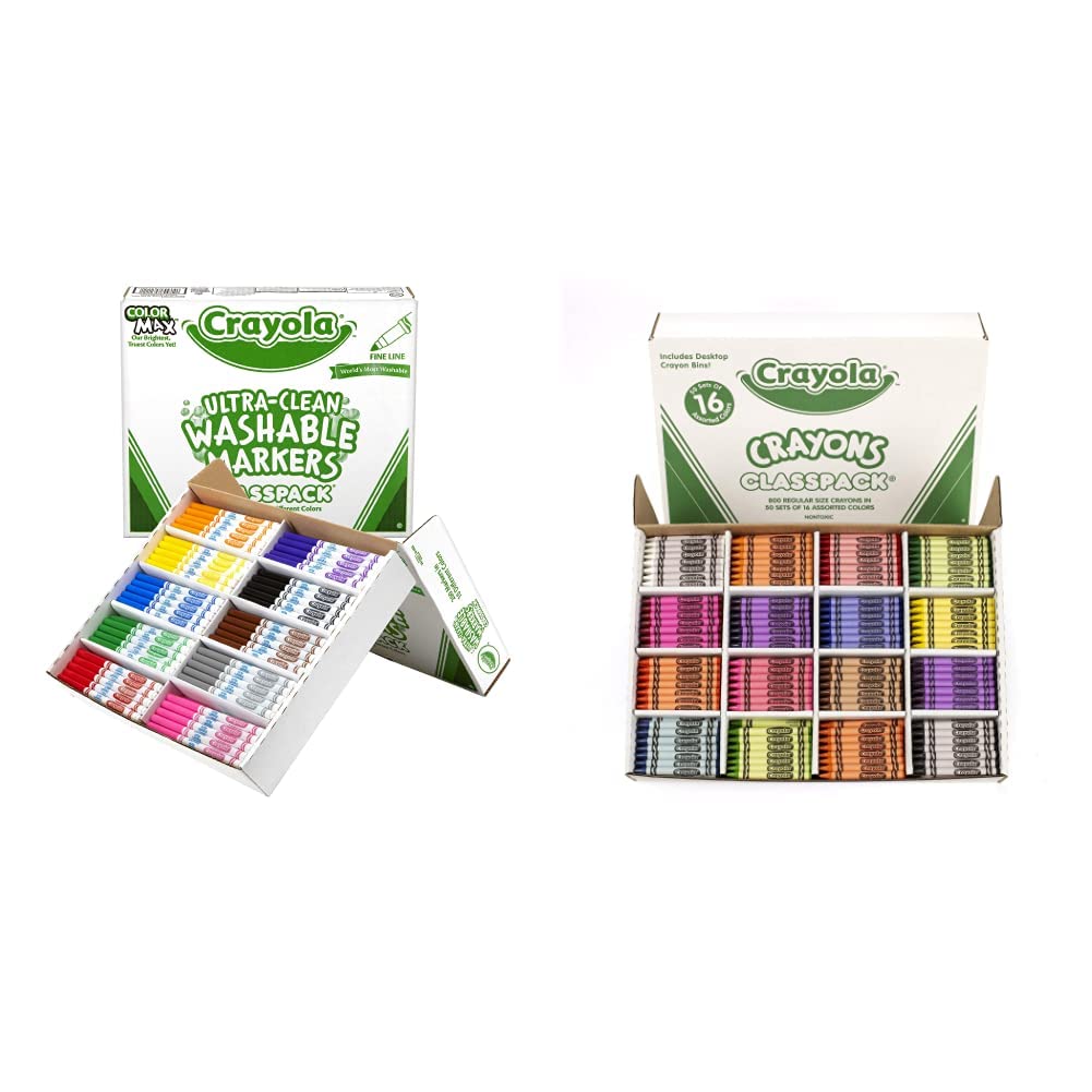 Crayola Ultra Clean Washable Markers & Crayon Classpack Set - 200 Fine Line Markers (10 Colors) + 800 Crayons (16 Colors) - Non-Toxic School Supplies for Kids Classroom, Art Projects & Homeschooling Activities
