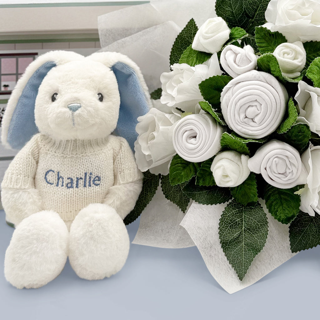 Handmade Baby Clothes Bouquet with Personalized Bunny Plush Toy - Blue | Perfect Baby Shower Gift, Newborn Photo Prop & Nursery Decor