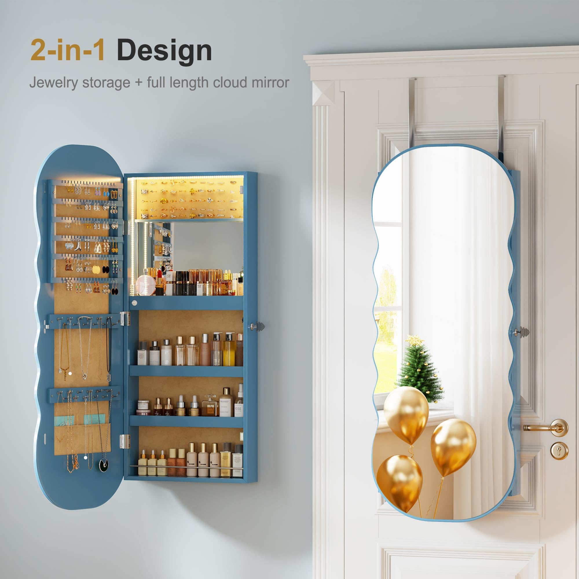 LED Mirror Jewelry Cabinet with Lights & Lock - Wall or Door Mounted Jewelry Armoire Organizer with Wavy Mirror & Storage - 42.5