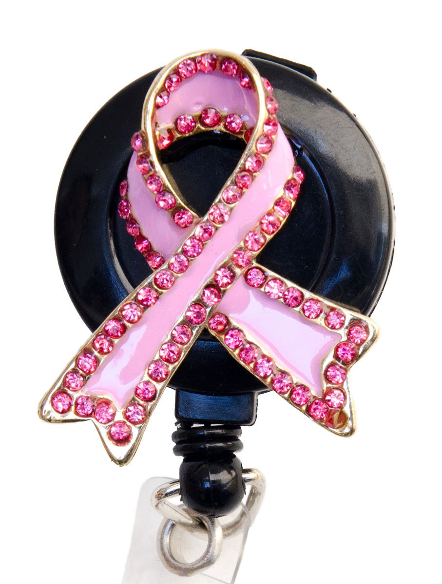 Custom Bling Rhinestone Pink Ribbon Badge Reel - Retractable ID Badge Holder for Nurses, Teachers & Healthcare Workers - Stylish Black Design for Professional & Everyday Use