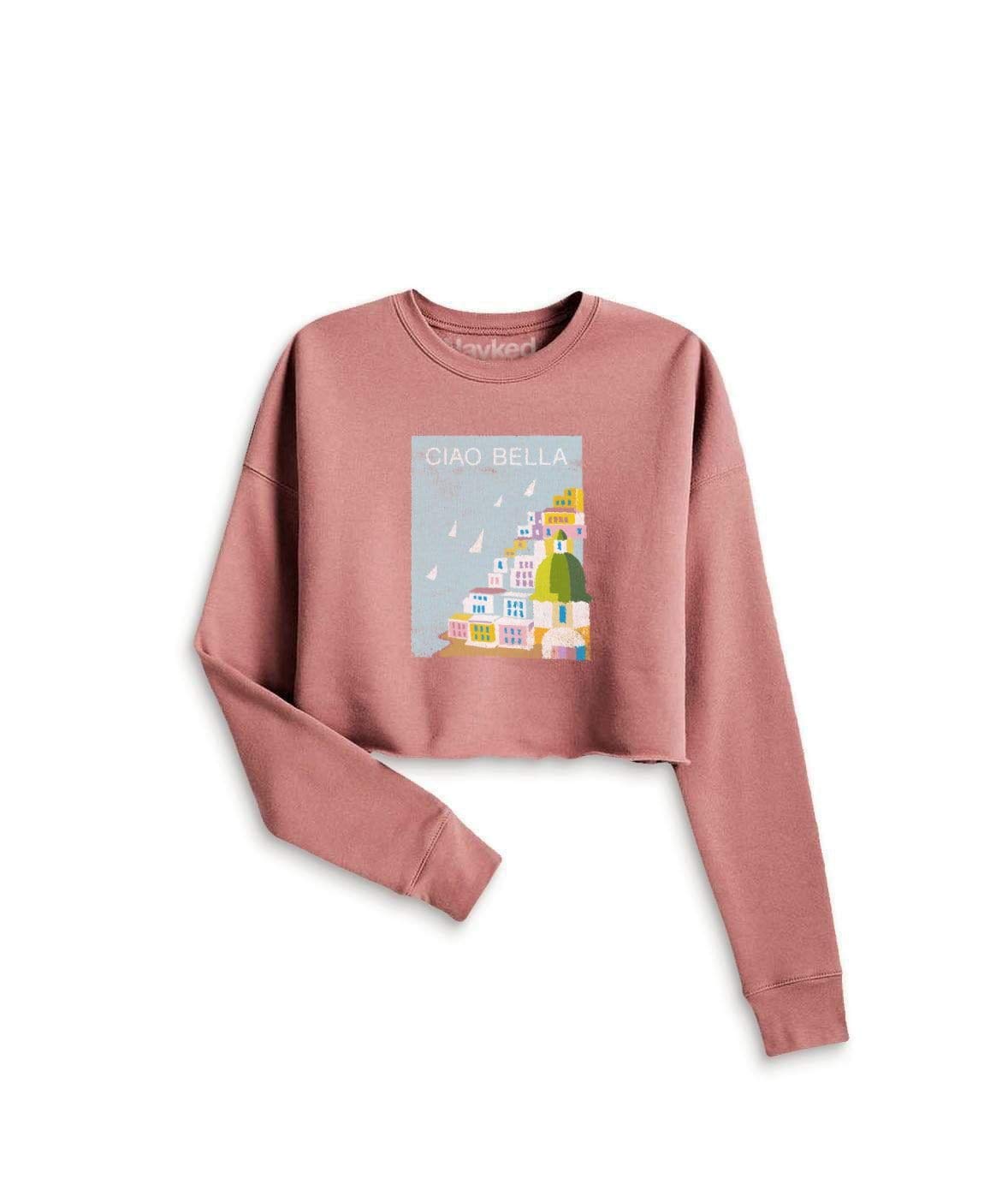 Women's Ultra Soft Cropped Graphic Pullover Sweatshirt | Ciao Bella | Casual Outfit for Streetwear & Lounge Wear