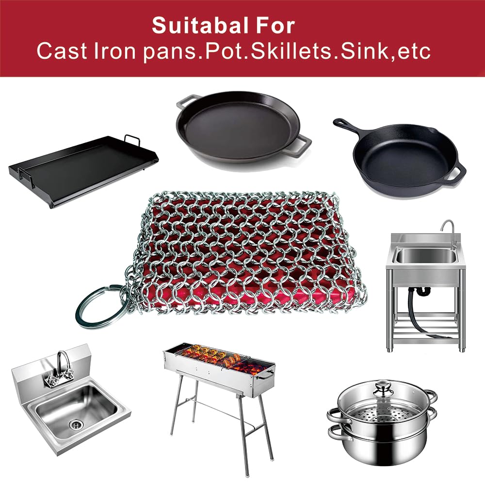 **Premium 316 Stainless Steel Chainmail Scrubber with Red Silicone Grip - Heavy Duty Cast Iron Pan Cleaner & Skillet Scrubber - Perfect for Grill, Dutch Oven, and Carbon Steel Cookware Cleaning**
