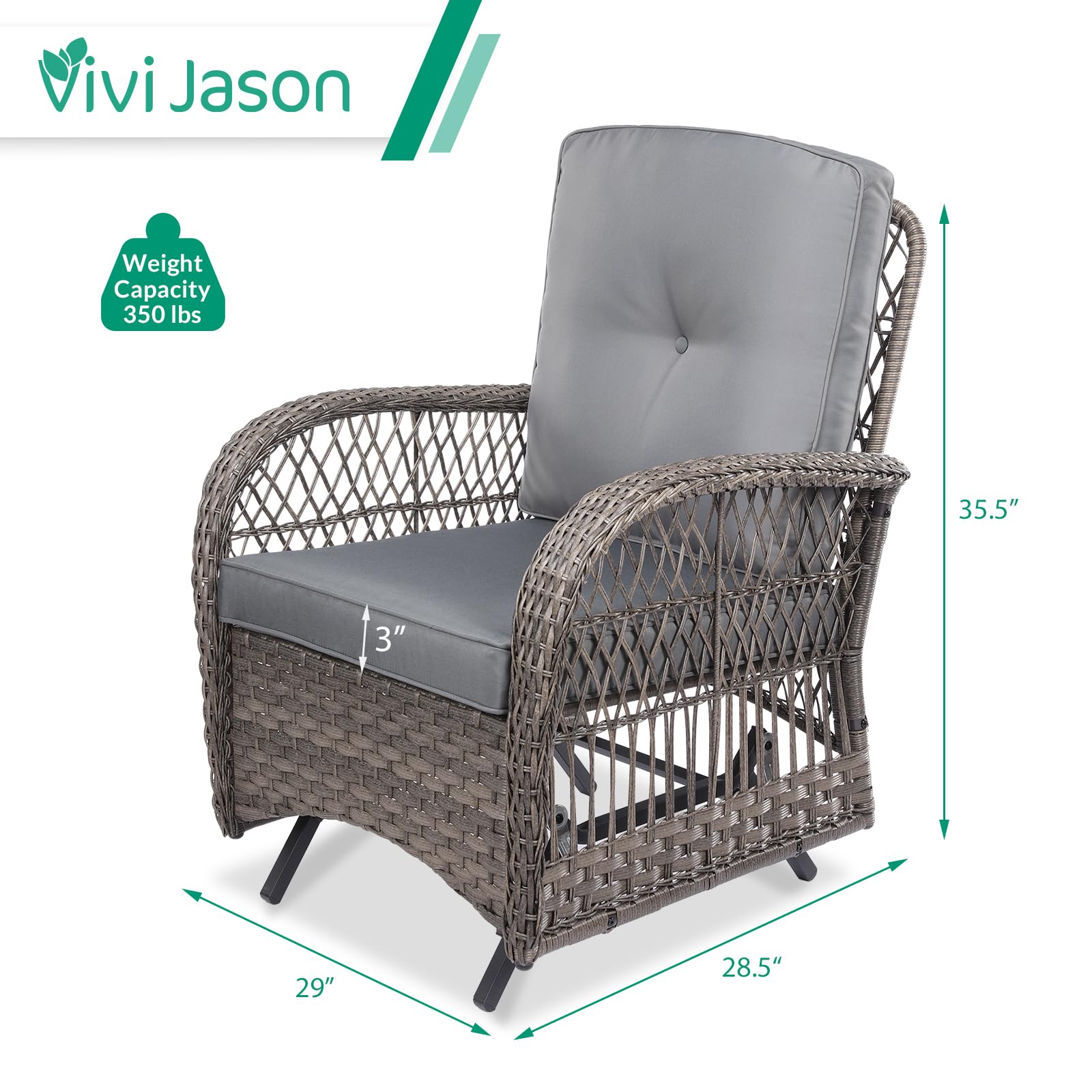VIVIJASON 2-Piece Outdoor Wicker Glider Rocking Chair Set with Cushions - All-Weather Patio Rattan Swing Glider Chairs with Sturdy Steel Frame - Perfect for Garden, Backyard, Porch & Poolside Relaxation (Grey)