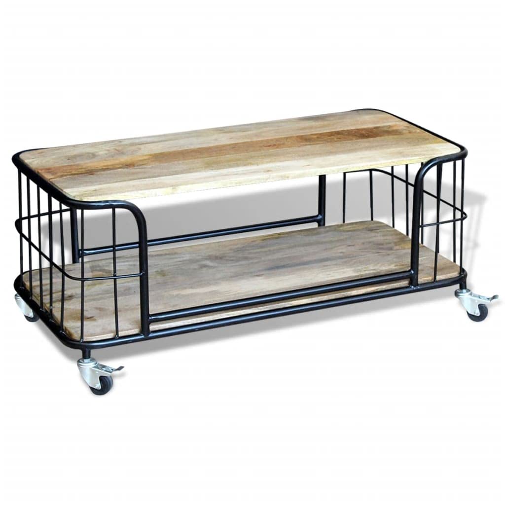 Rustic Solid Mango Wood Coffee Table with Storage and 4 Wheels - 39.4
