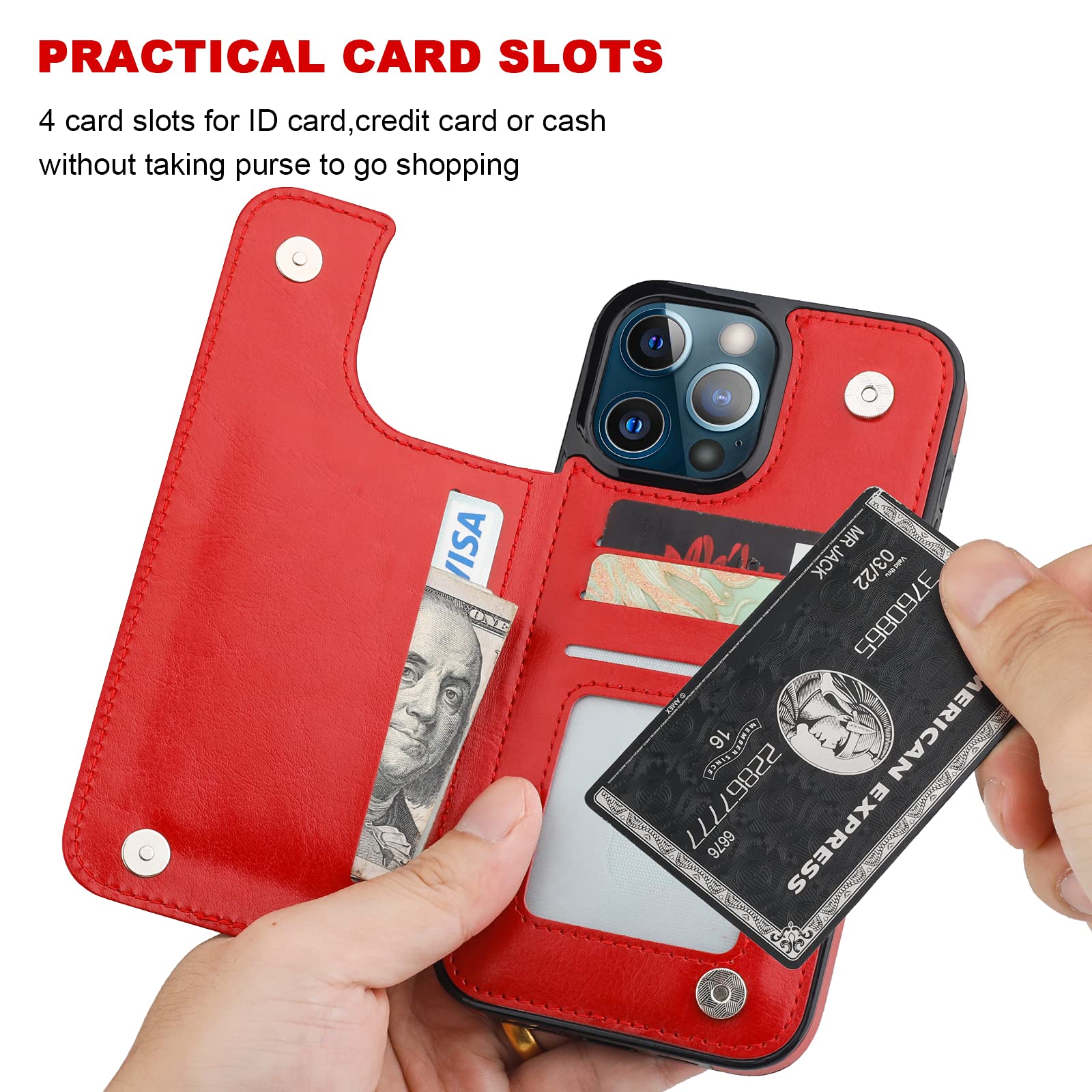 Premium PU Leather iPhone 13 Pro Max Wallet Case with Card Holder & Kickstand - 6.7 Inch Shockproof Cover with Double Magnetic Clasp (Red) - Perfect for Daily Commute, Travel, and Hands-Free Viewing