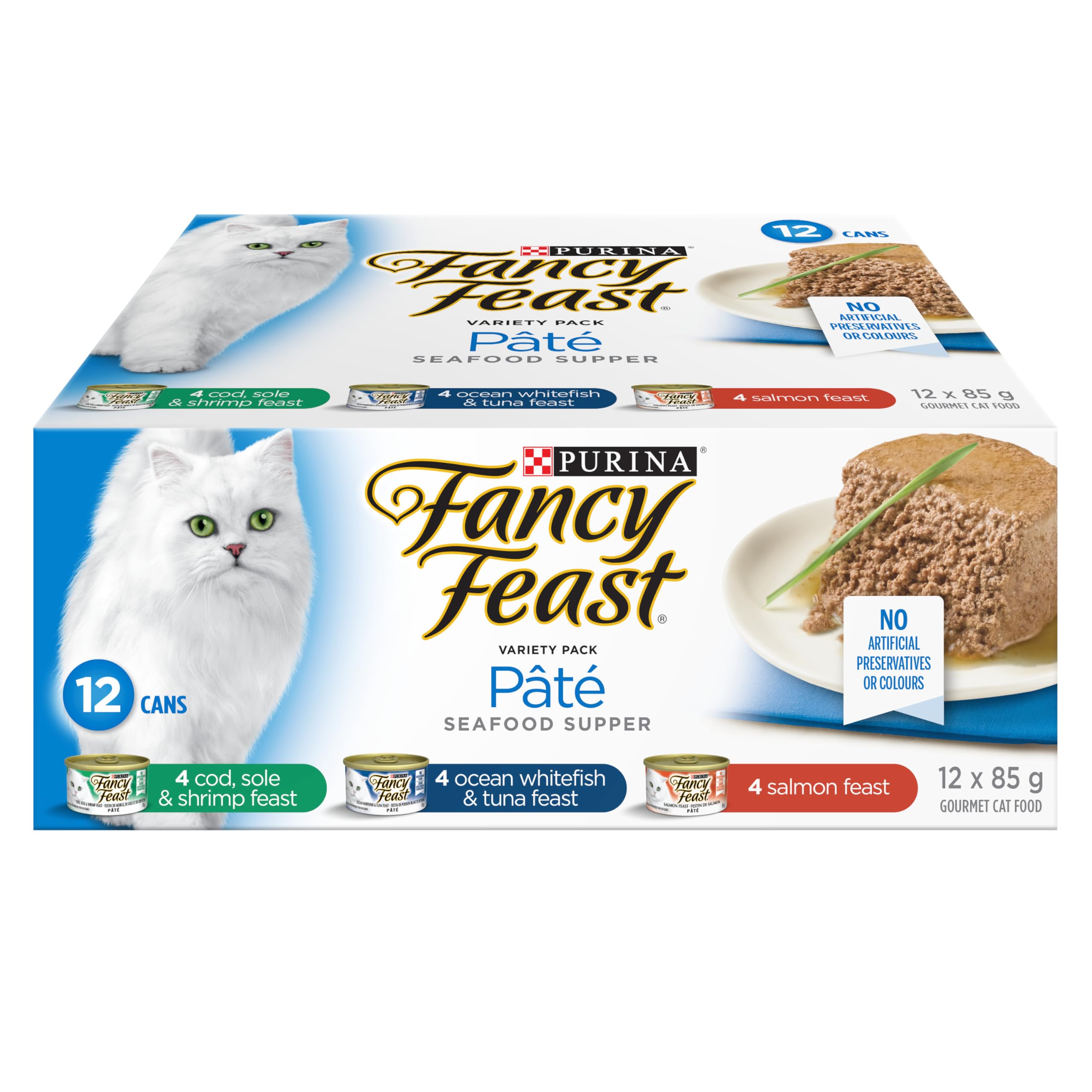 Fancy Feast Seafood Supper Wet Cat Food Pate Variety Pack - 3 Delicious Flavors (Tuna, Salmon, Whitefish) in 85g Cans, 12-Pack for Adult Cats - Perfect for Mealtime, Travel & Special Treats