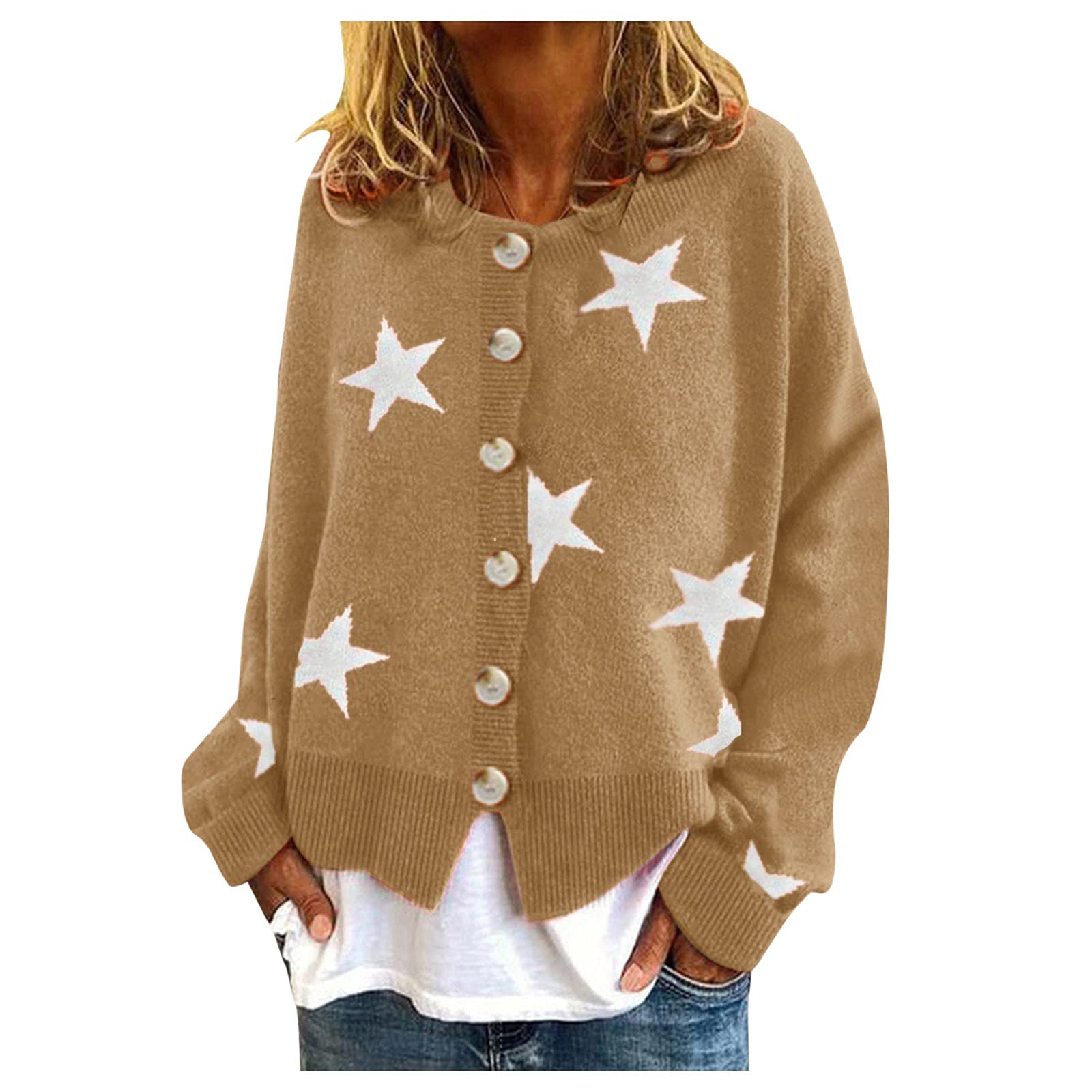 Women's Oversized Star Print Cardigan - Warm & Fashionable Long Sweater for Casual Wear, Office, or Layering