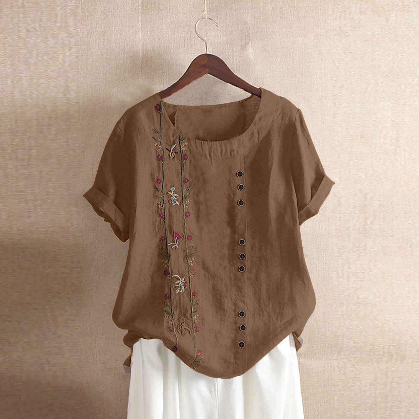 Women's Embroidered Cotton Linen Boho Peasant Blouse - Loose Fit Short Sleeve T-Shirt for Summer 2024 | Casual Wear, Beach Outfits & Festival Fashion