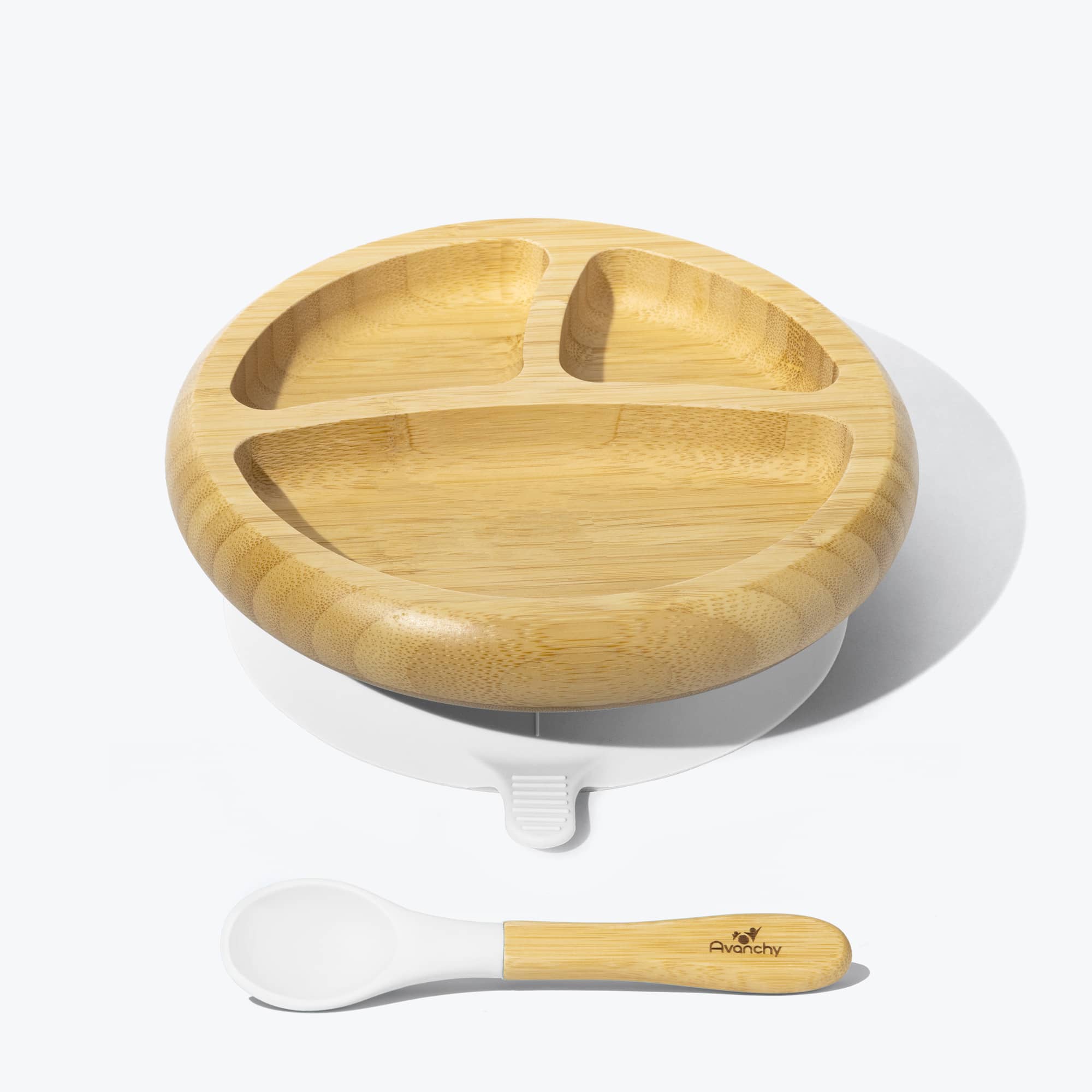 Avanchy Bamboo Suction Baby Plate and Spoon Set - Eco-Friendly White Dishware for Toddlers | Perfect for Home, Travel, and Daycare Use